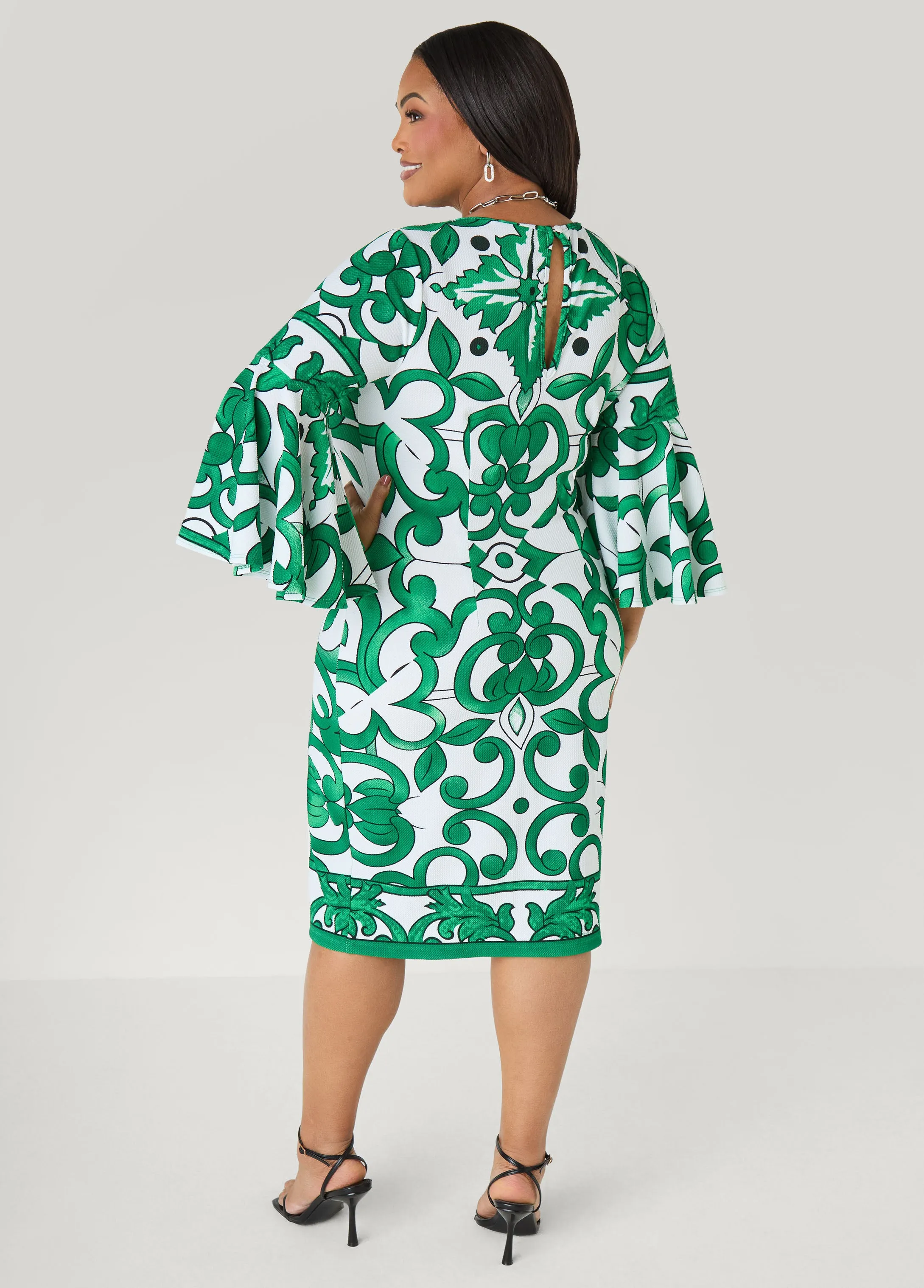 Bell Sleeved Scroll Print Dress sold by Ashley Stewart product image thumbnail 2