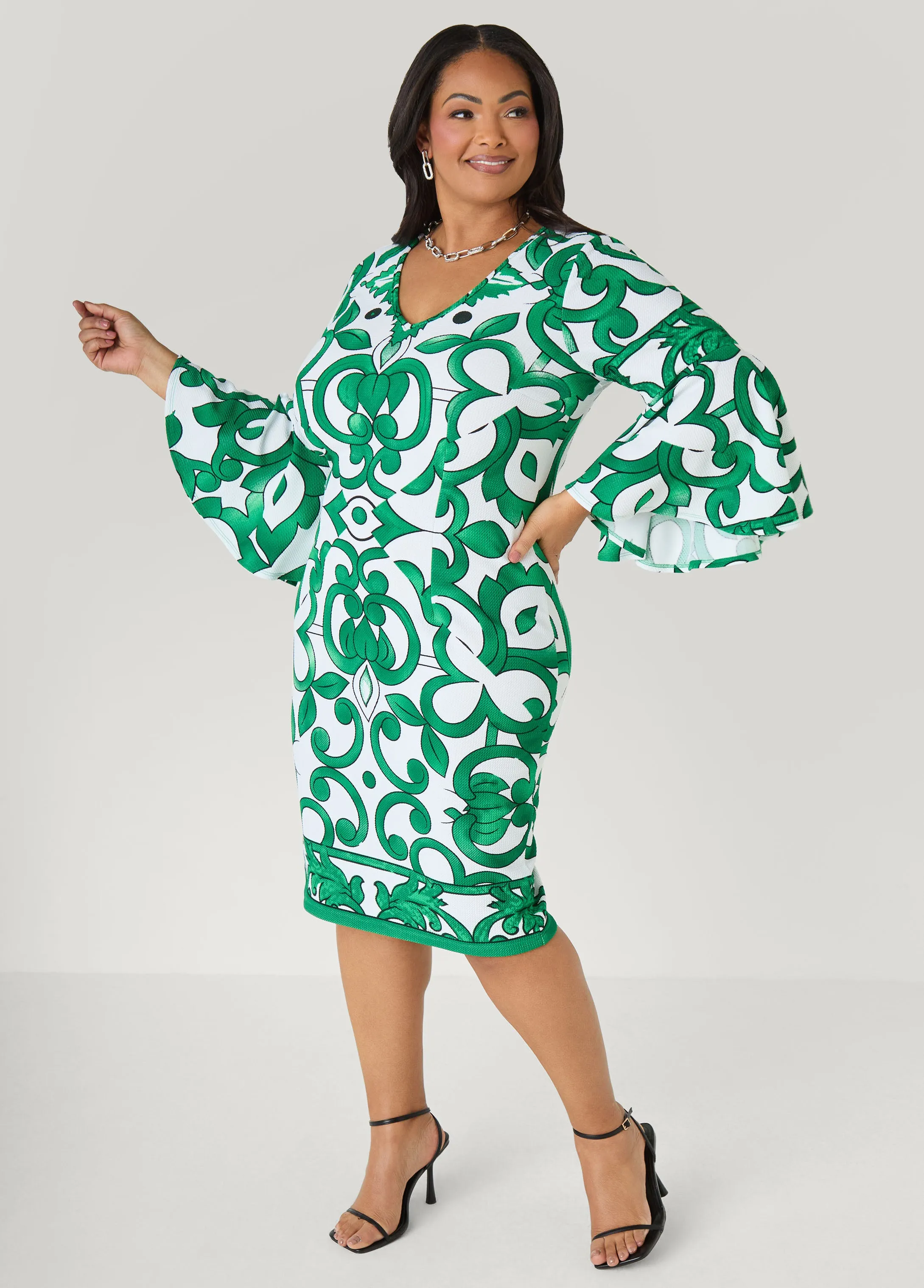 Bell Sleeved Scroll Print Dress sold by Ashley Stewart product image thumbnail 3