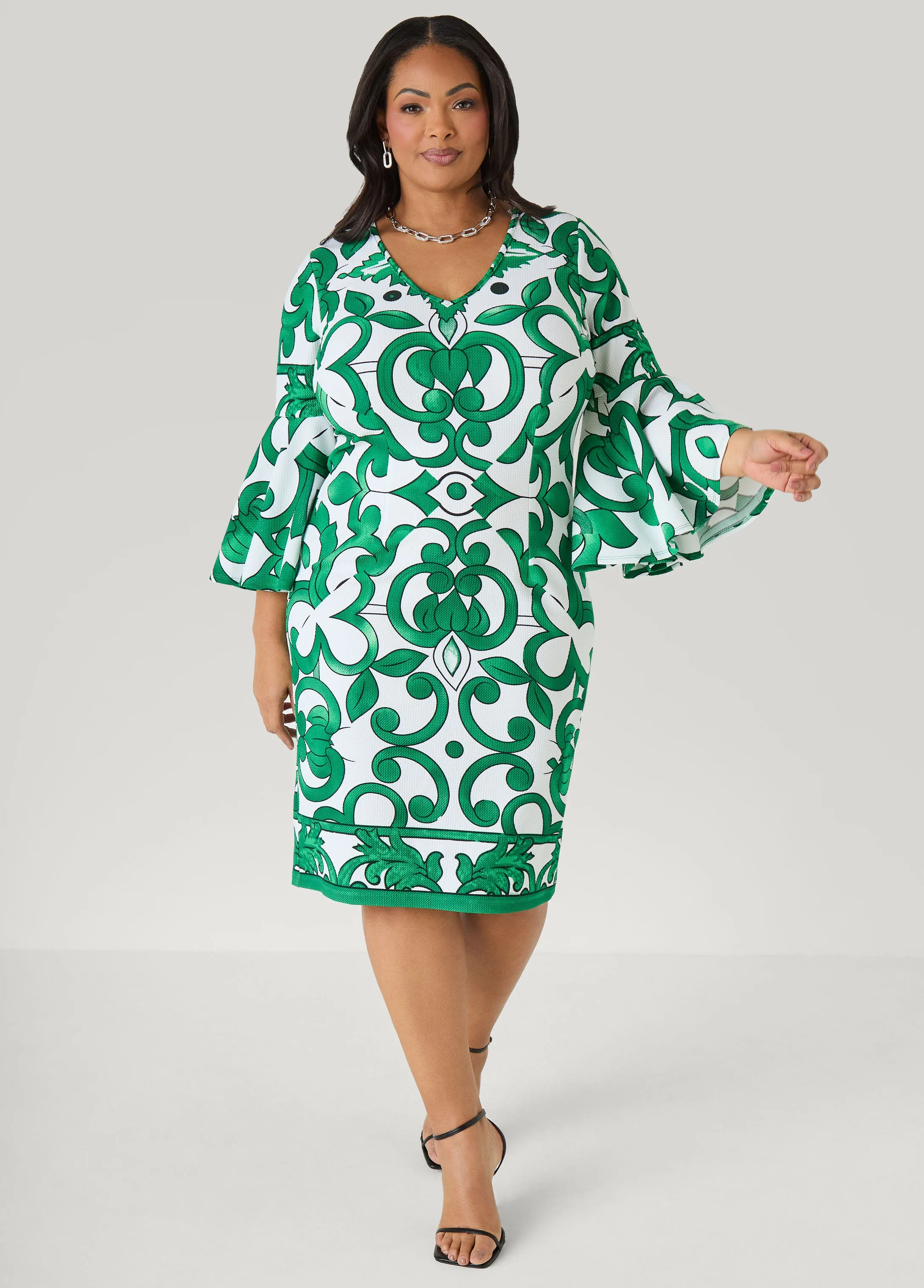 Bell Sleeved Scroll Print Dress sold by Ashley Stewart product image thumbnail 4