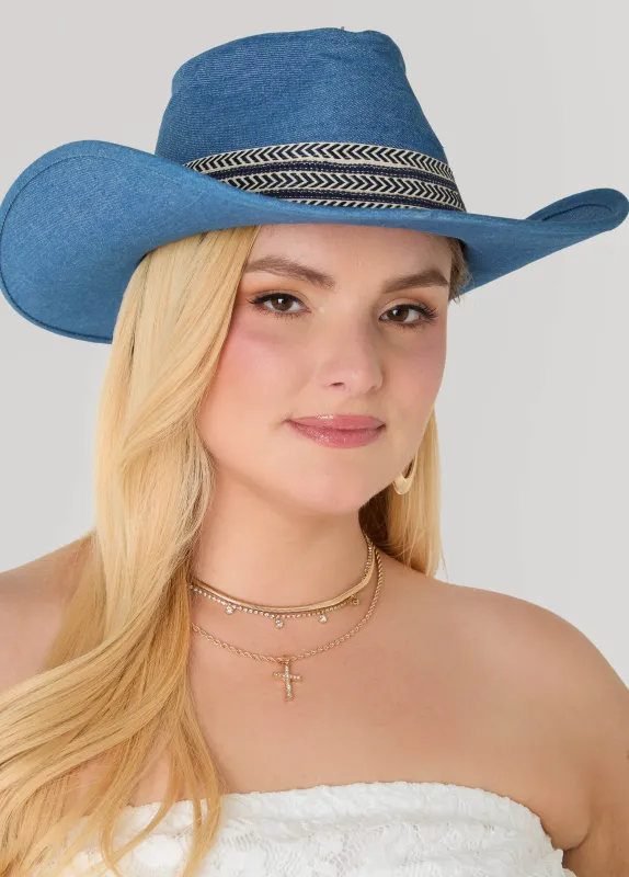 Chevron Trimmed Denim Cowboy Hat sold by Ashley Stewart
