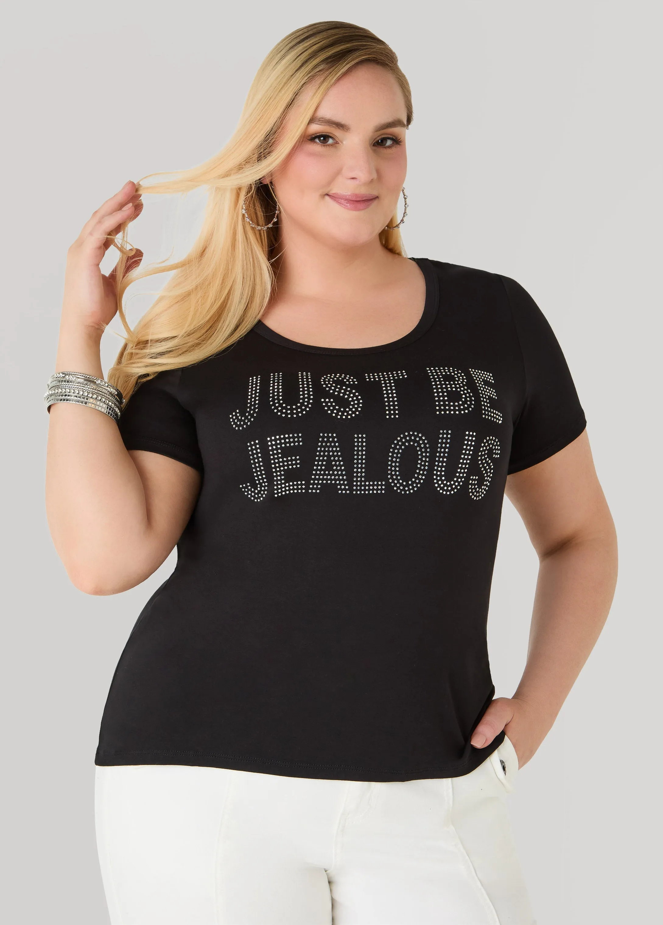 Just Be Jealous Crystal Tee sold by Ashley Stewart