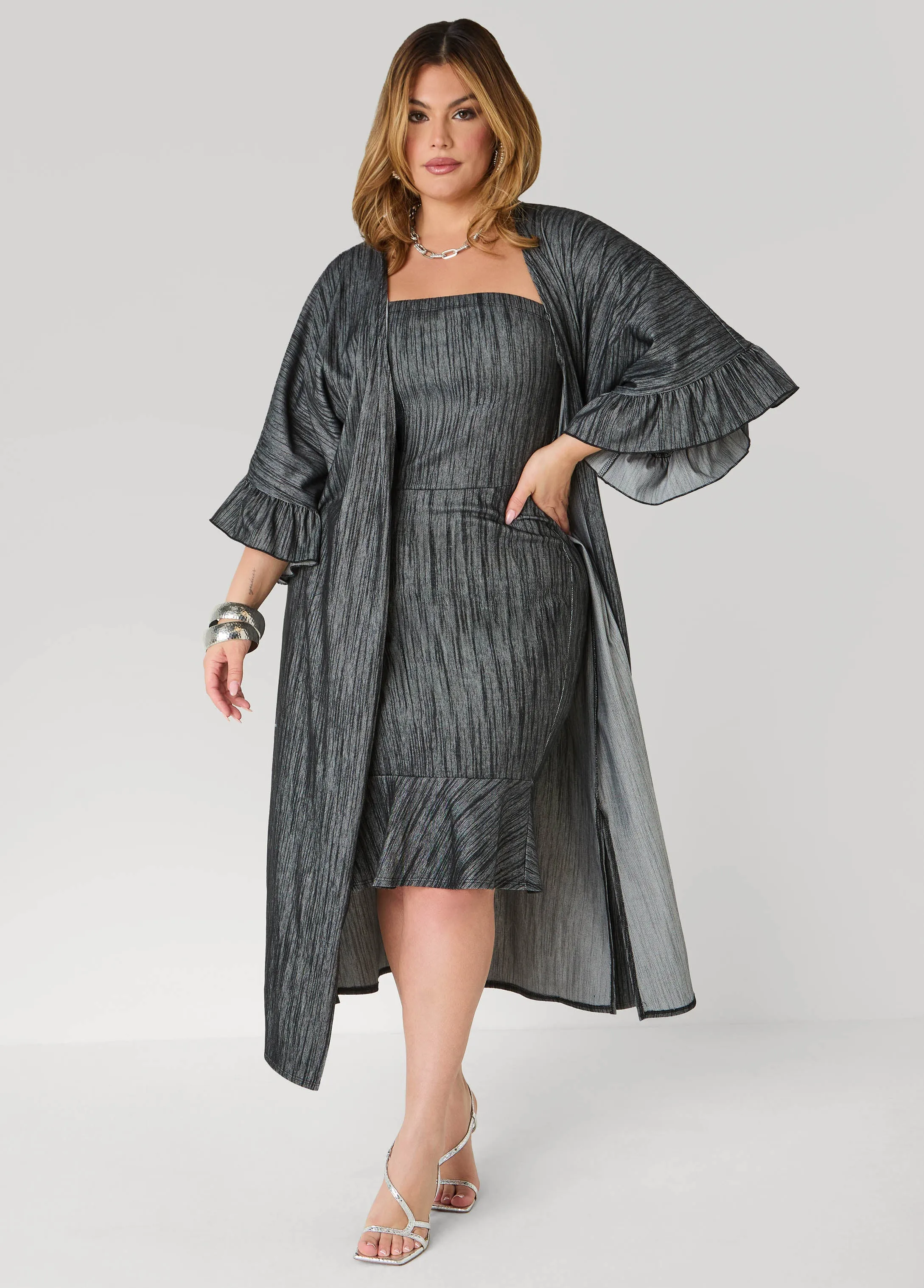 Ruffled Textured Denim Duster sold by Ashley Stewart product image thumbnail 4