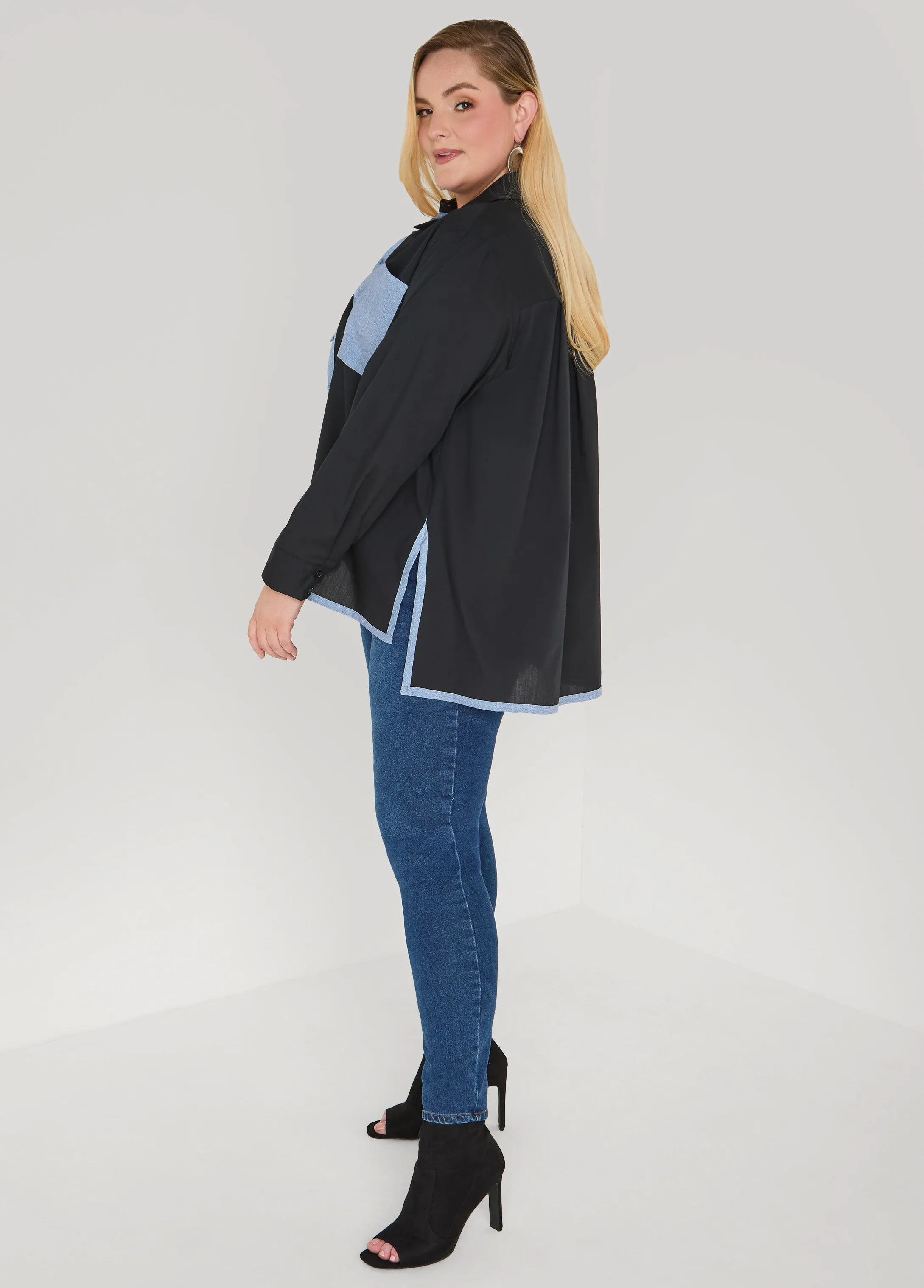 Denim Print Paneled Hi Low Shirt sold by Ashley Stewart product image thumbnail 4