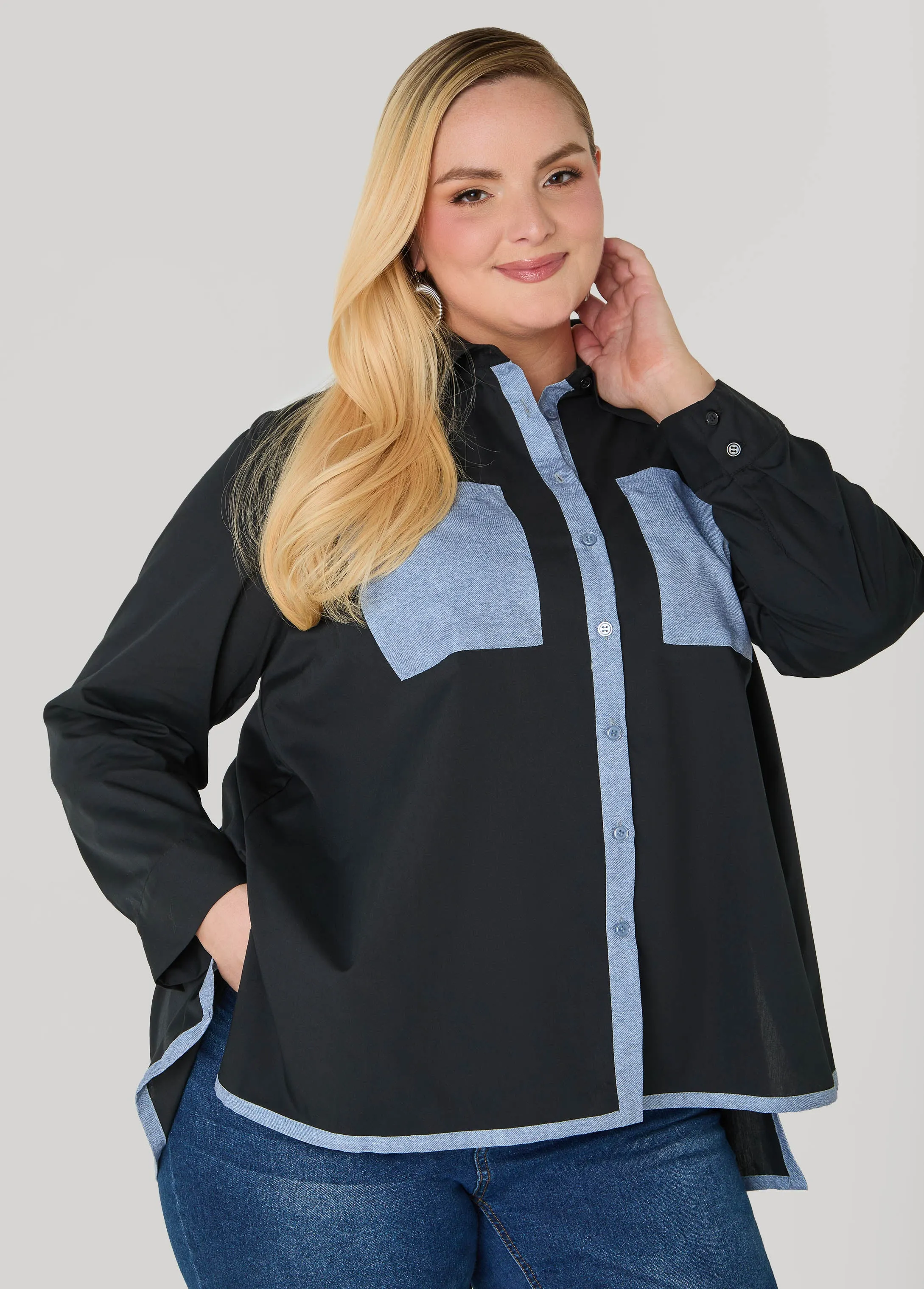 Denim Print Paneled Hi Low Shirt sold by Ashley Stewart product image thumbnail 5
