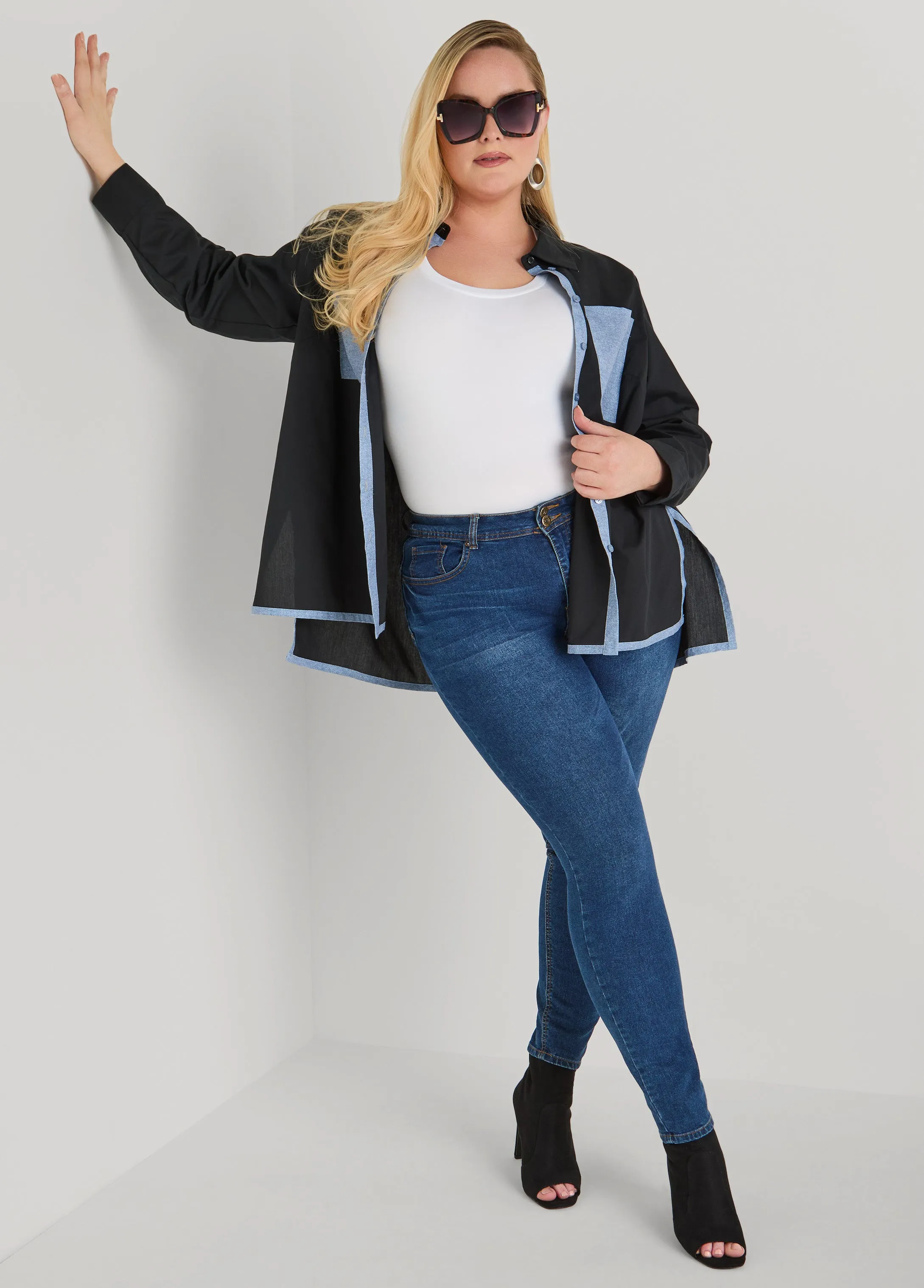 Denim Print Paneled Hi Low Shirt sold by Ashley Stewart product image thumbnail 3
