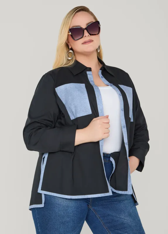 Denim Print Paneled Hi Low Shirt made by Ashley Stewart