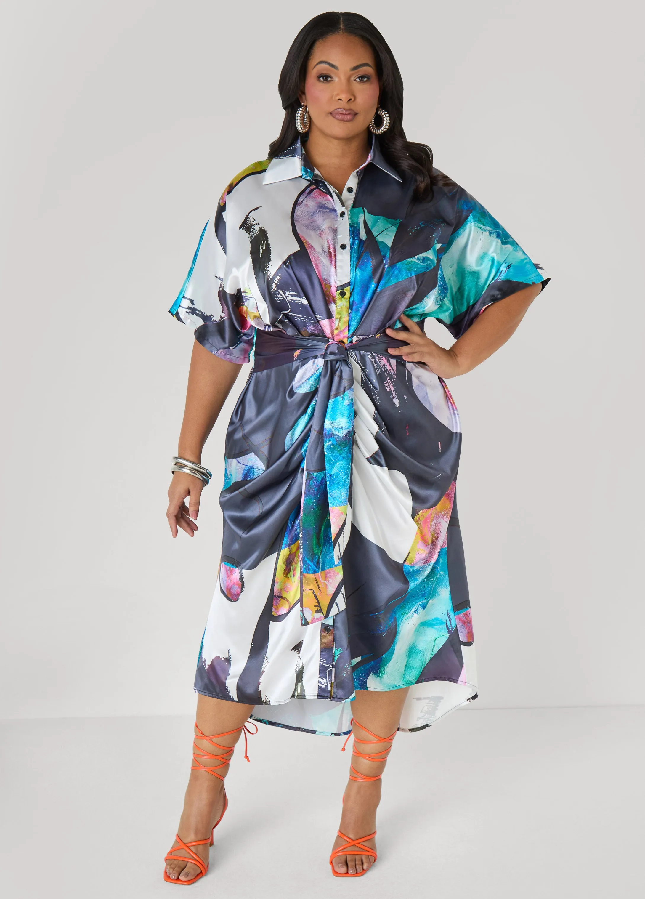 Gathered Abstract Print Shirtdress sold by Ashley Stewart