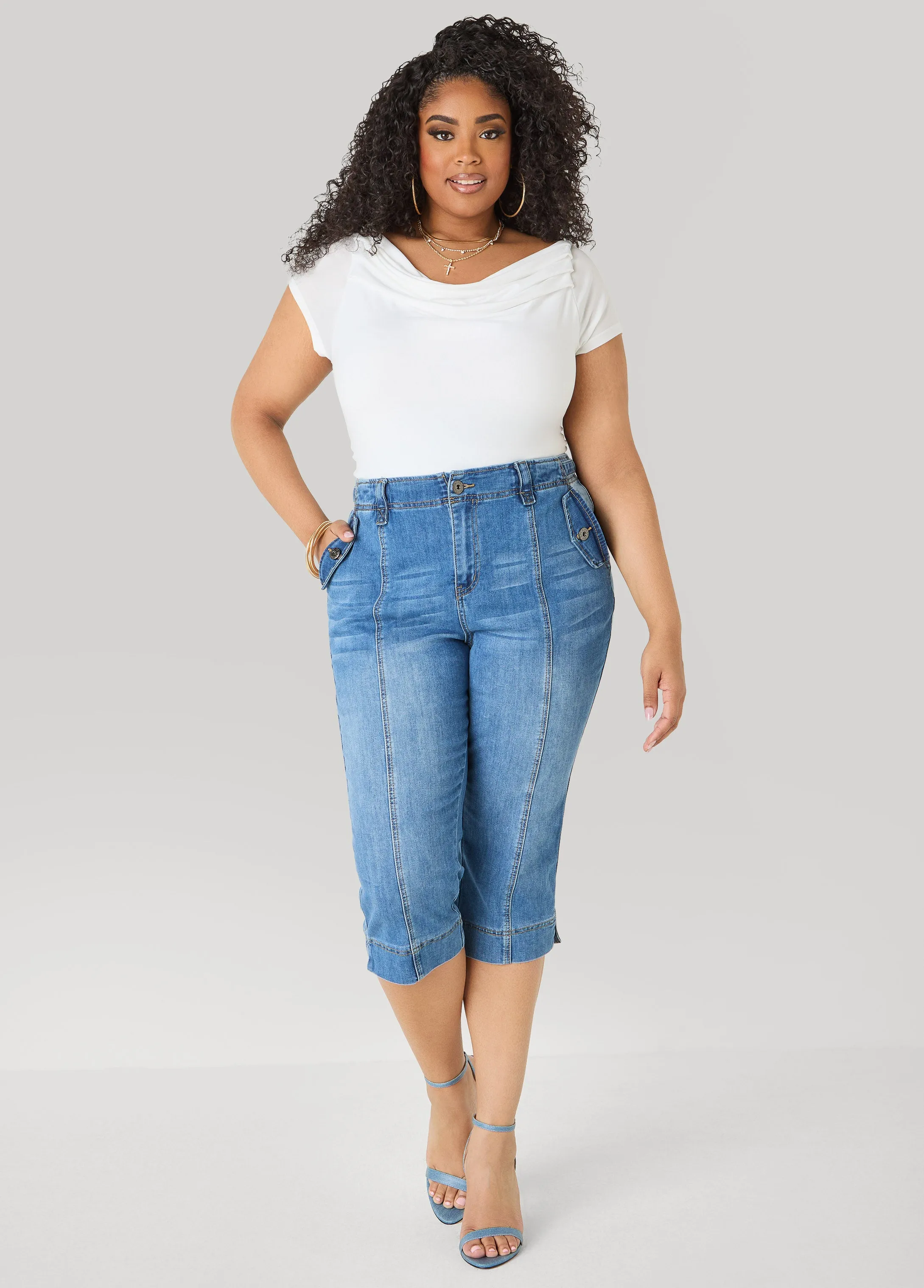 Flap Pocket Seamed Denim Capris sold by Ashley Stewart product image thumbnail 4