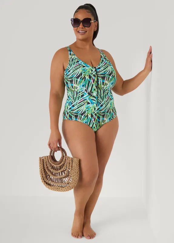Tropical Zip Front Swimsuit sold by Ashley Stewart