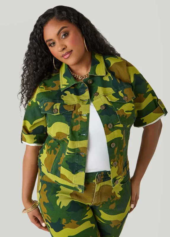 Cuffed Camo Print Denim Jacket sold by Ashley Stewart