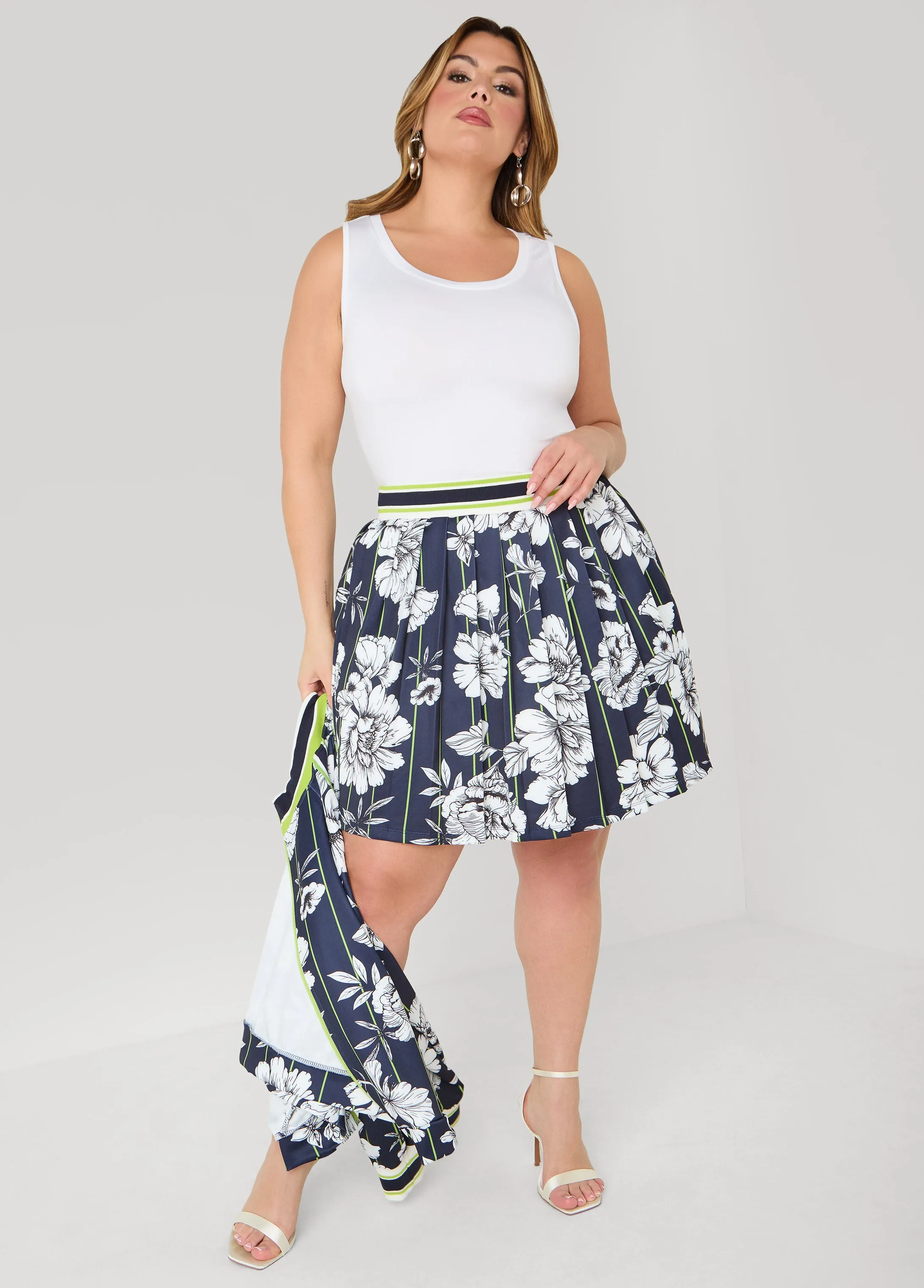Striped And Floral Pleated Skort sold by Ashley Stewart
