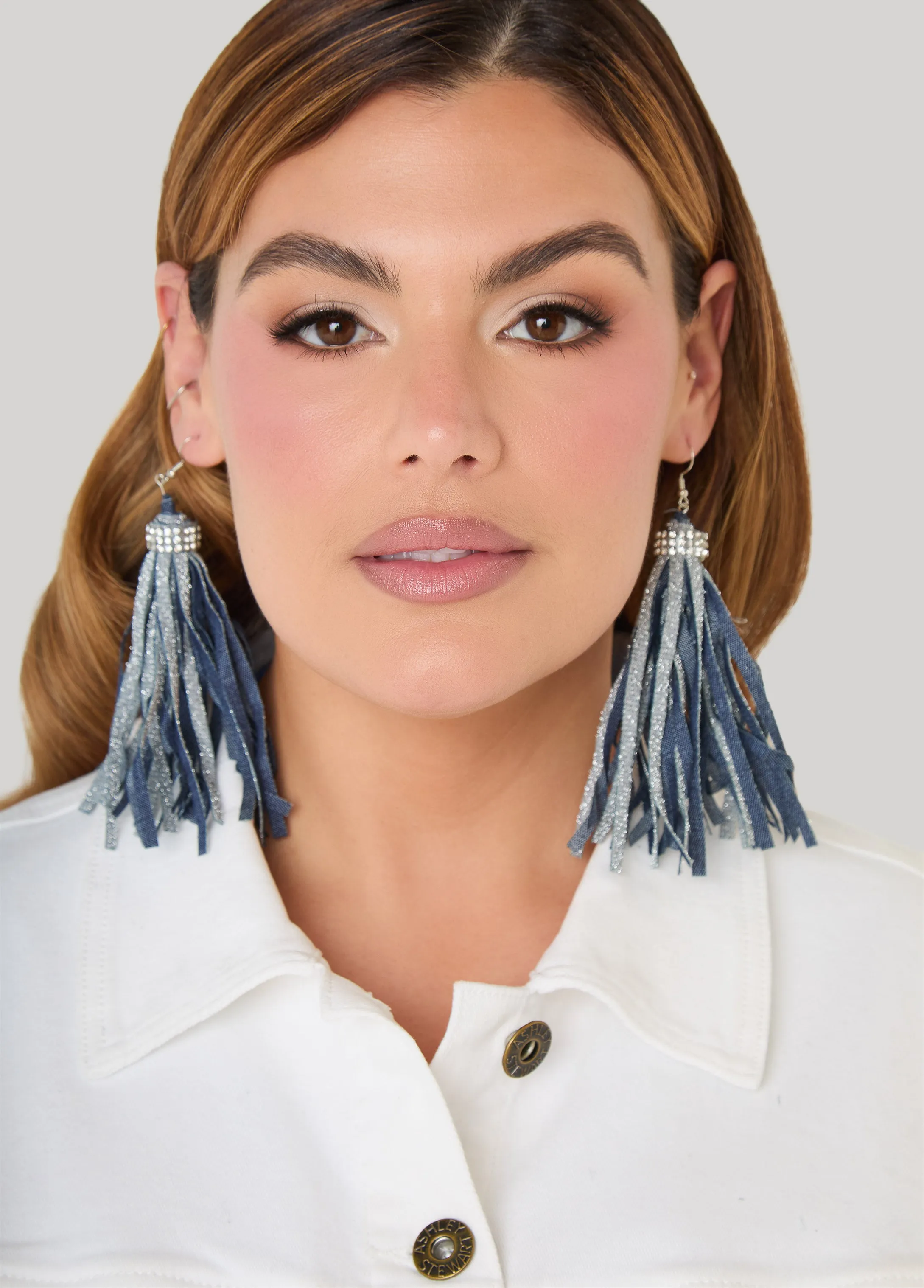 Crystal Fringed Denim Earrings sold by Ashley Stewart