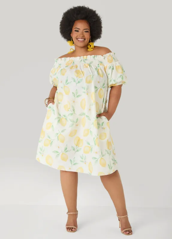 Lemon Print Off The Shoulder Dress made by Ashley Stewart