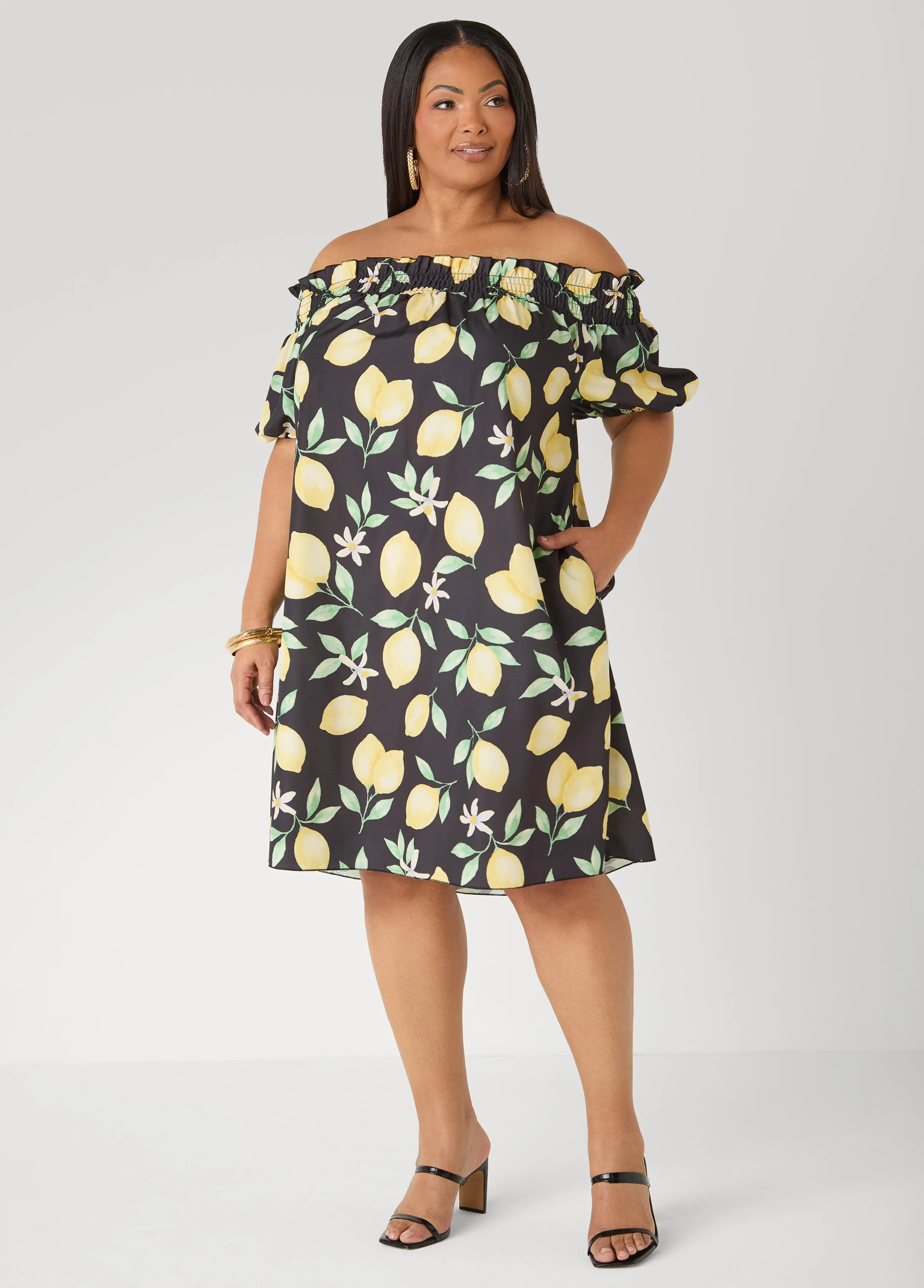 Off The Shoulder Lemon Print Dress sold by Ashley Stewart