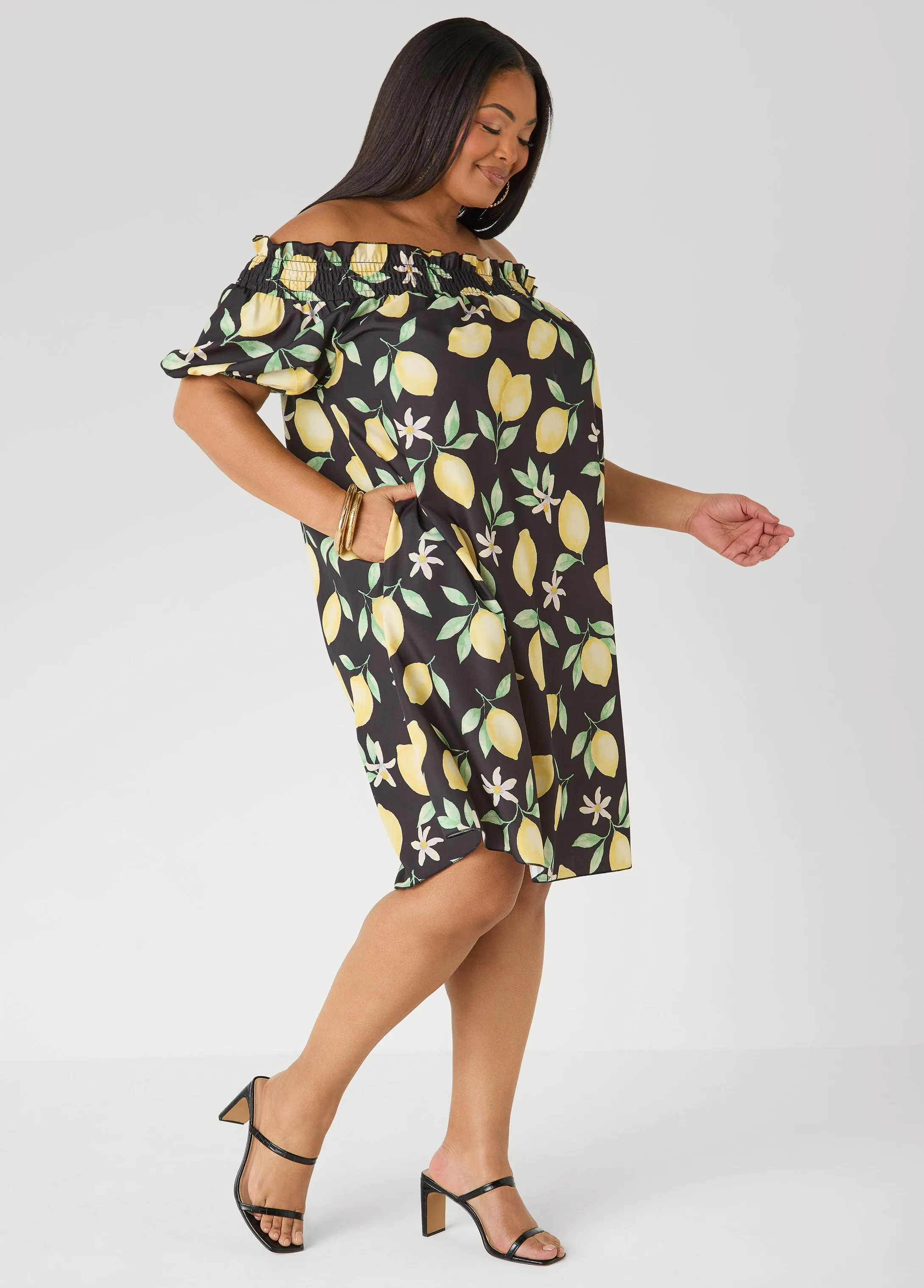 Off The Shoulder Lemon Print Dress sold by Ashley Stewart product image thumbnail 5