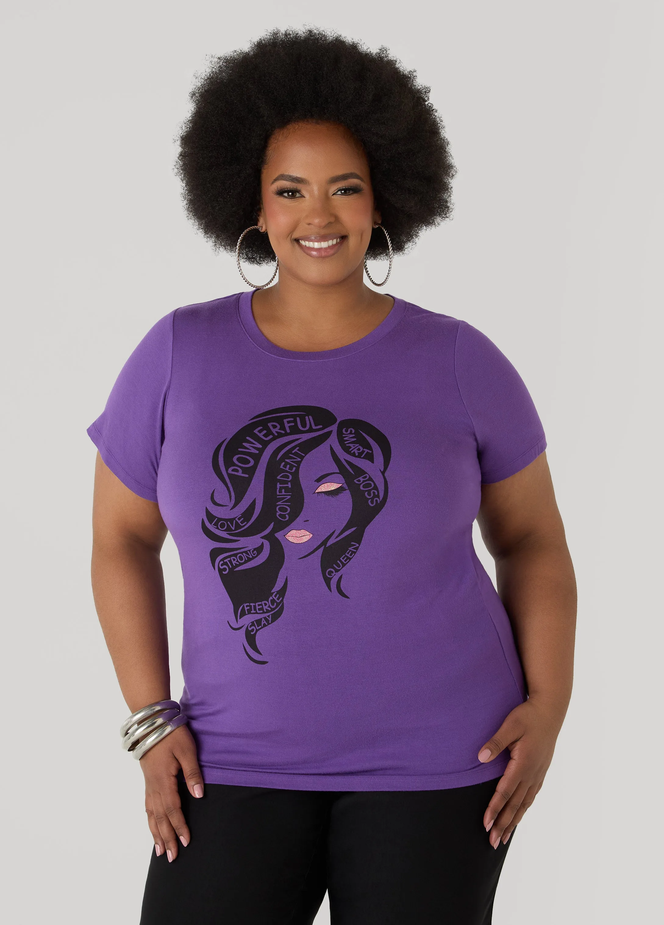 Powerful Glittered Graphic Tee sold by Ashley Stewart
