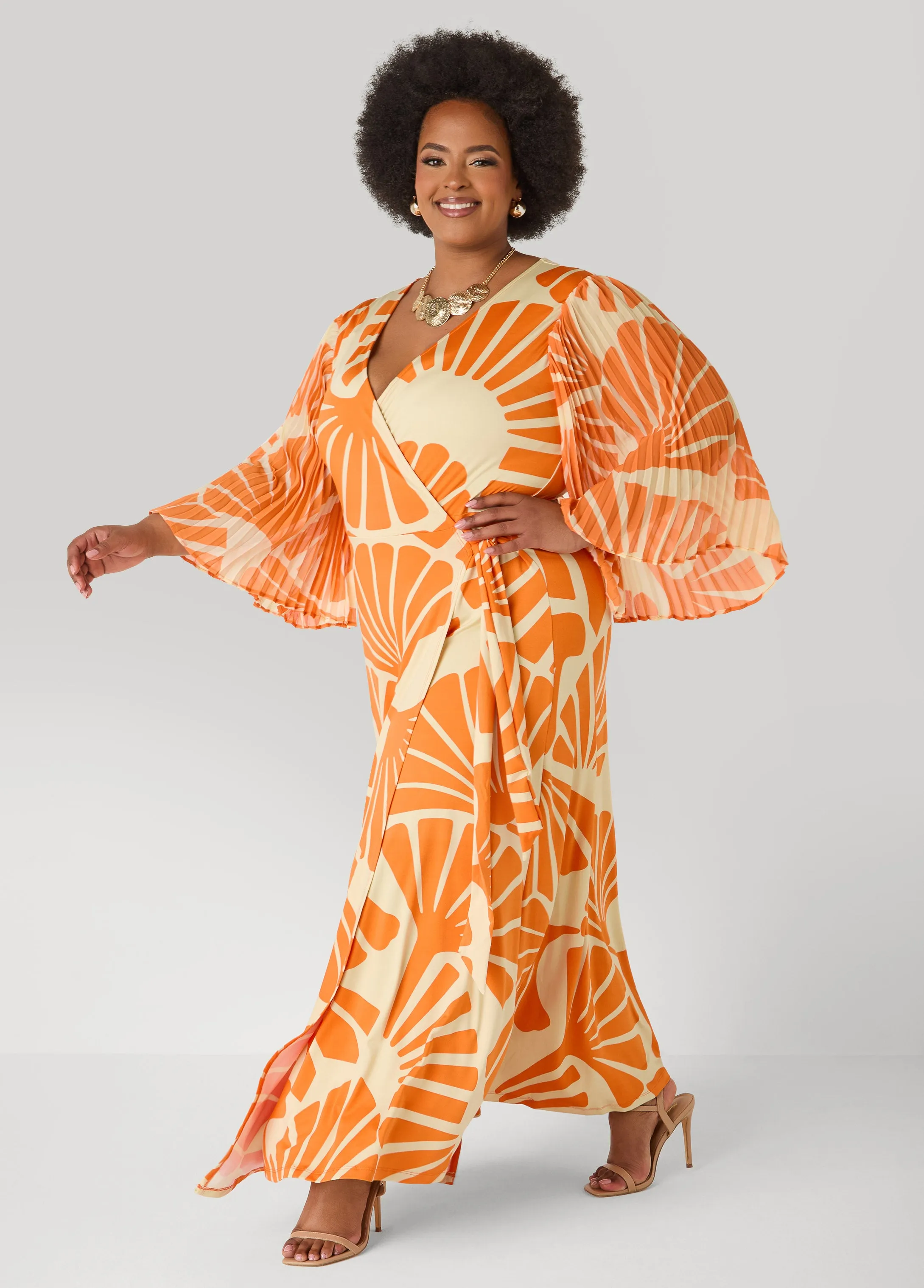 Pleated Sleeve Tropical Wrap Dress sold by Ashley Stewart product image thumbnail 5