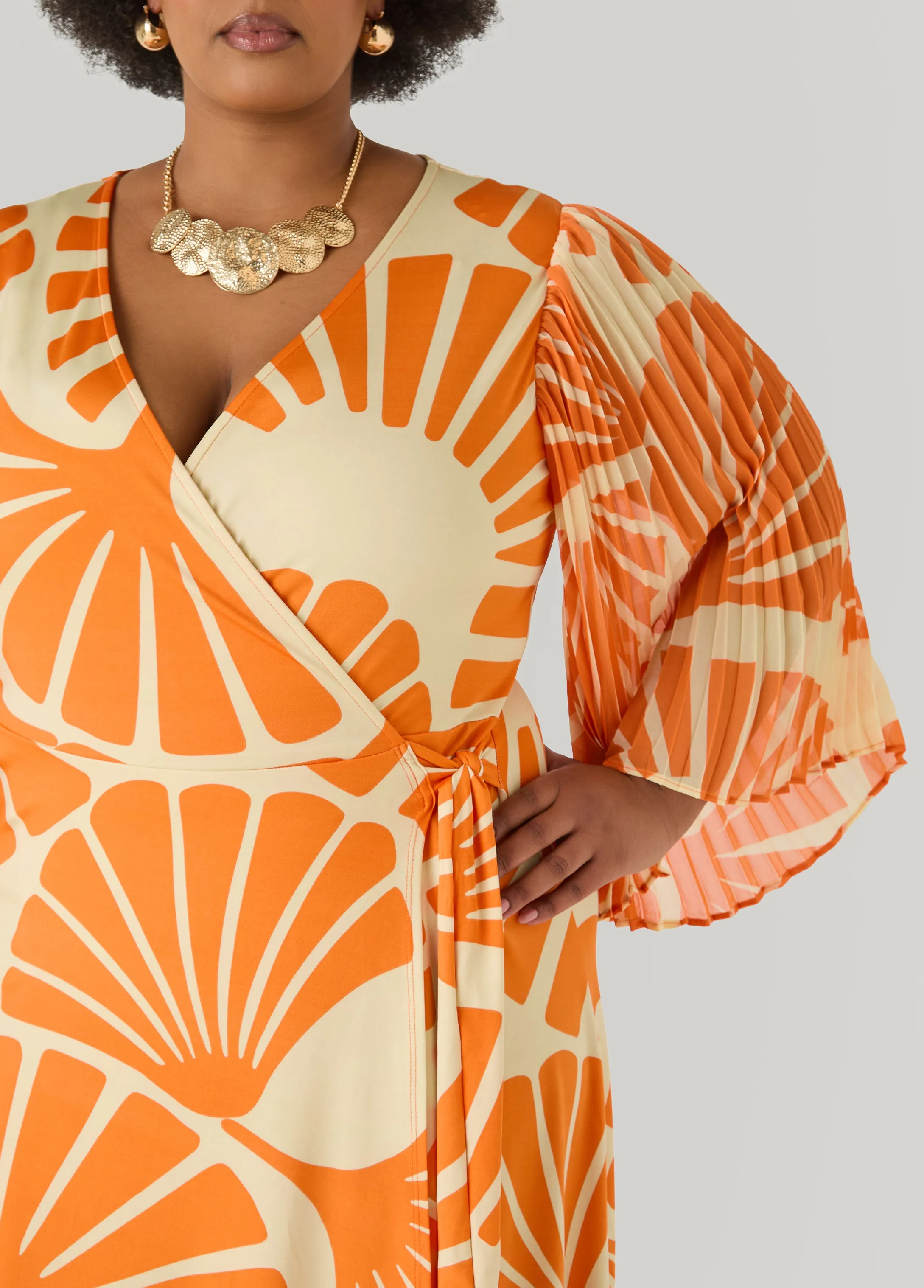 Pleated Sleeve Tropical Wrap Dress sold by Ashley Stewart product image thumbnail 4