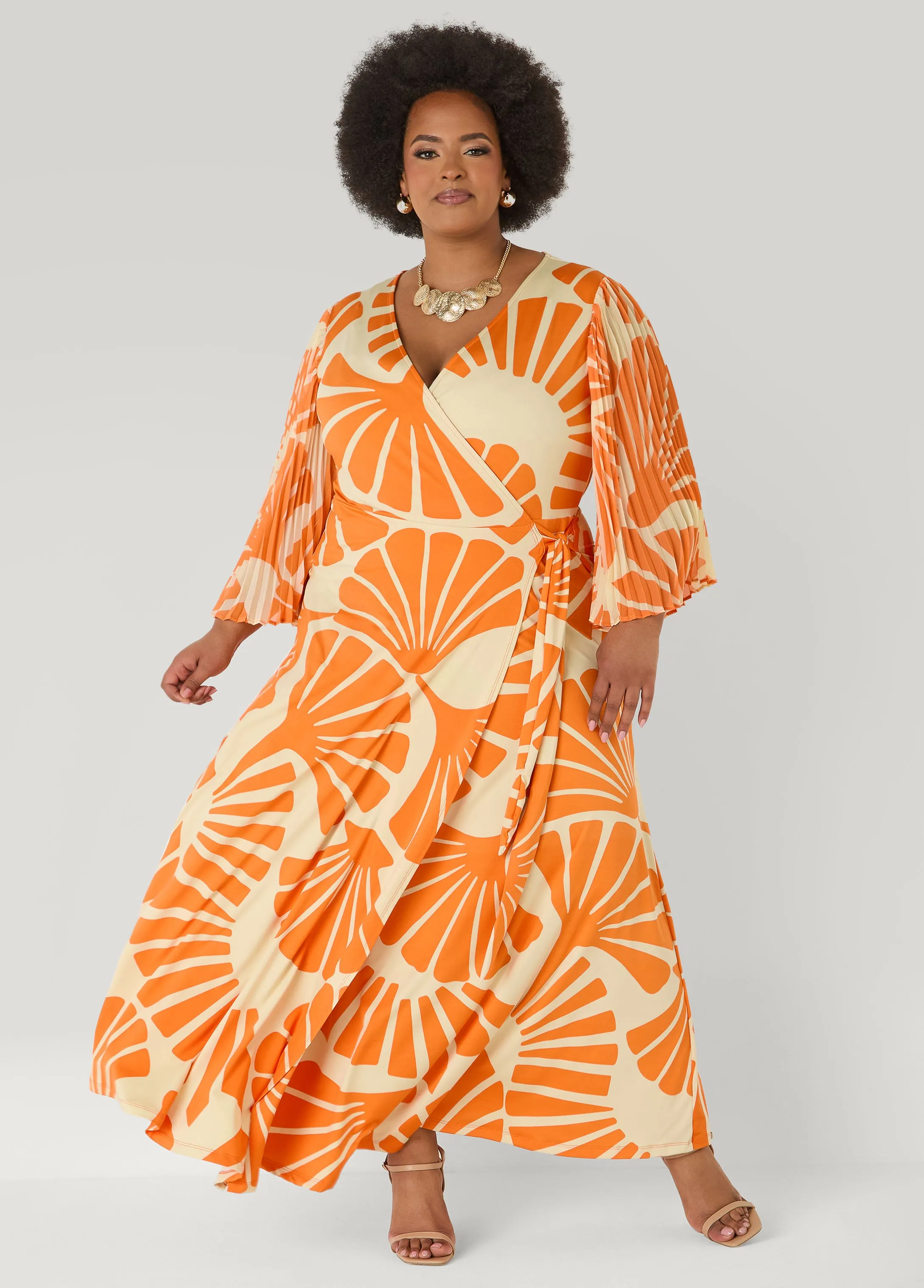 Pleated Sleeve Tropical Wrap Dress sold by Ashley Stewart product image thumbnail 3
