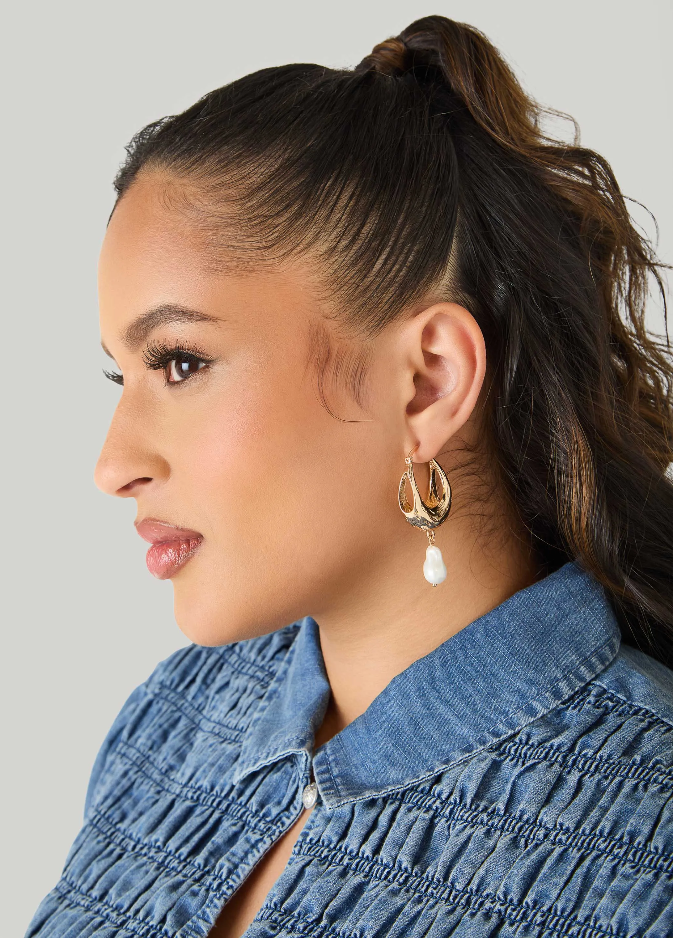 Faux Pearl Gold Huggie Earrings sold by Ashley Stewart product image thumbnail 2