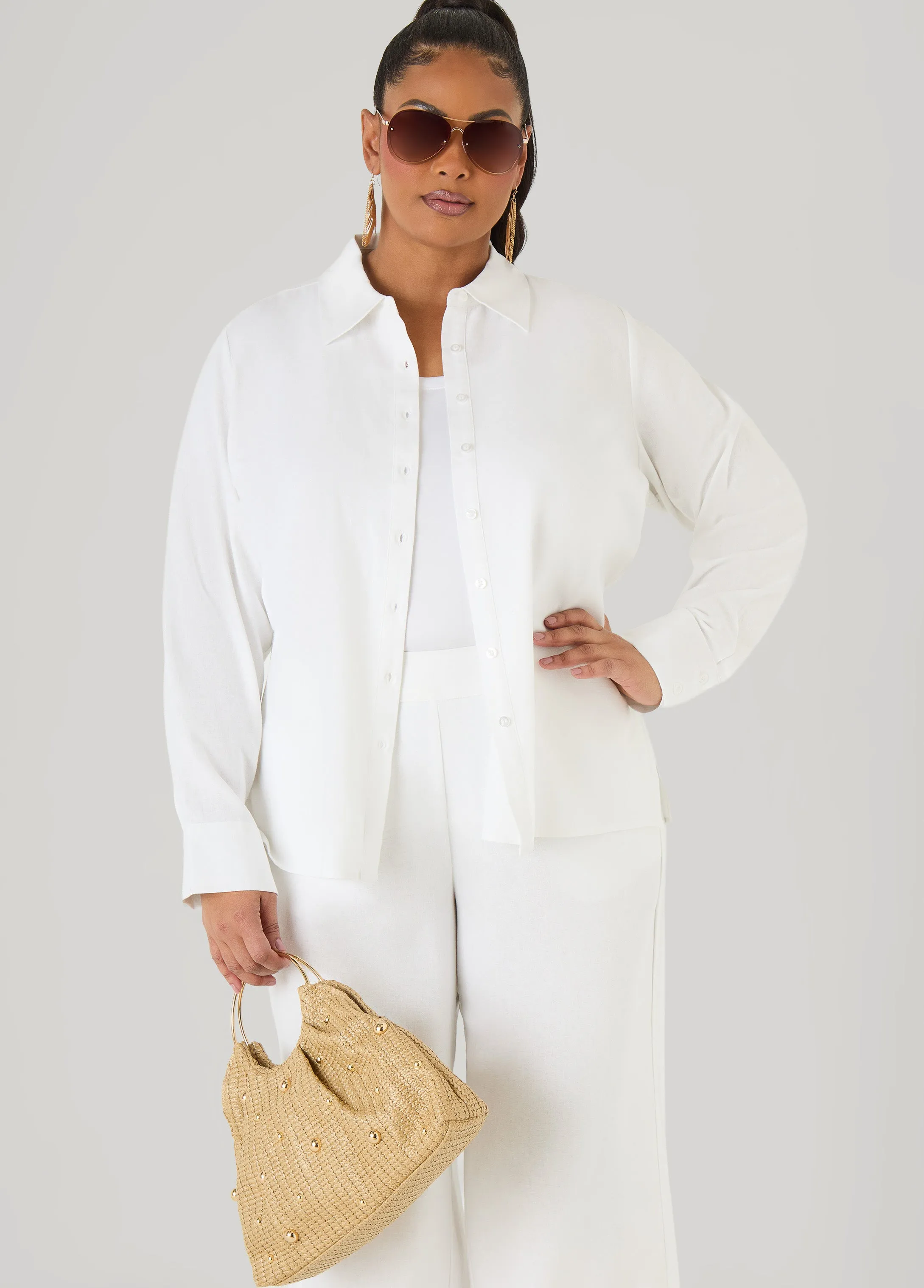 Long Sleeved Linen Blend Shirt sold by Ashley Stewart product image thumbnail 5