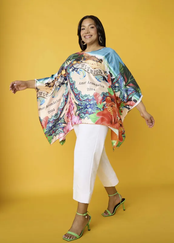 Postcard Print Satin Tunic made by Ashley Stewart