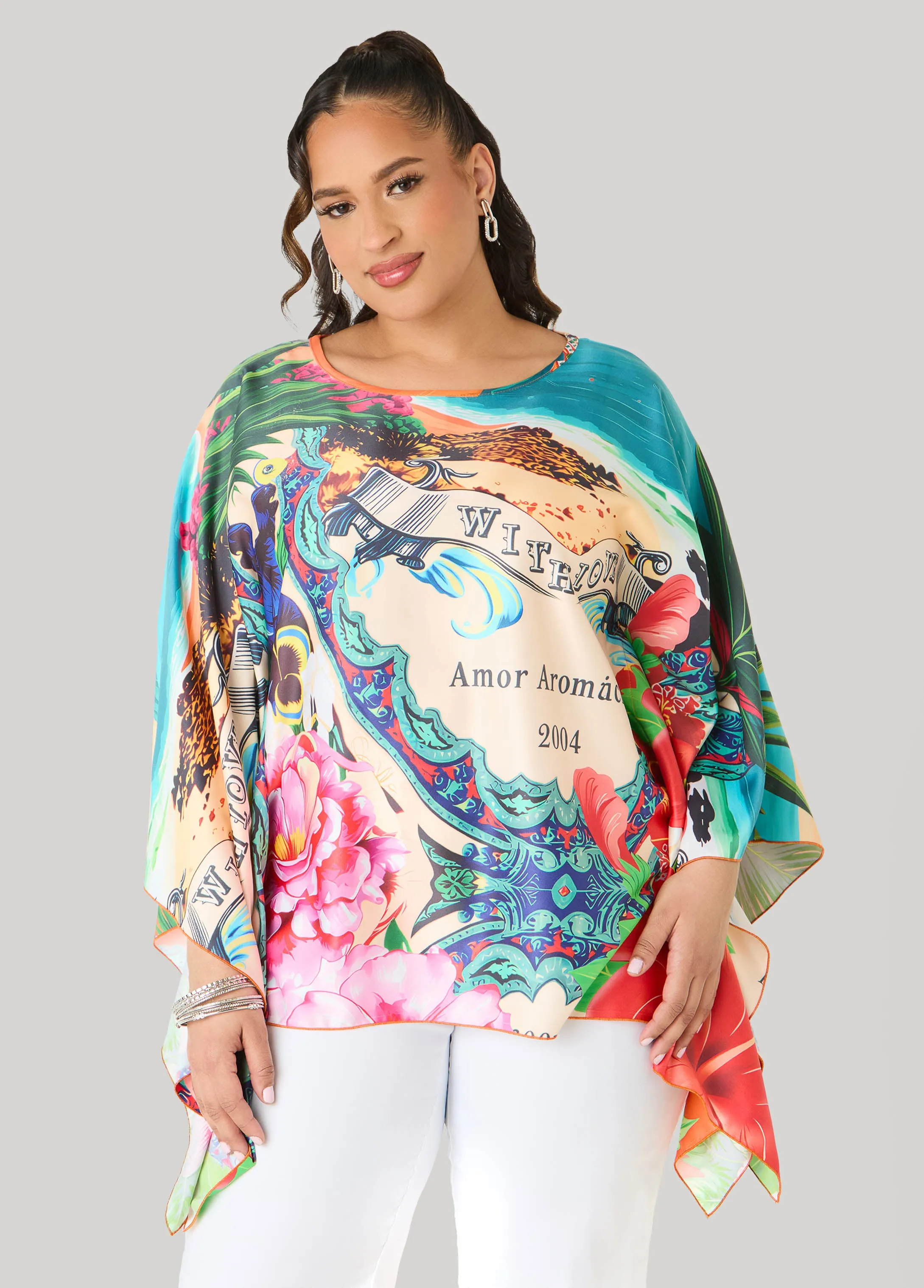 Postcard Print Satin Tunic sold by Ashley Stewart product image thumbnail 3