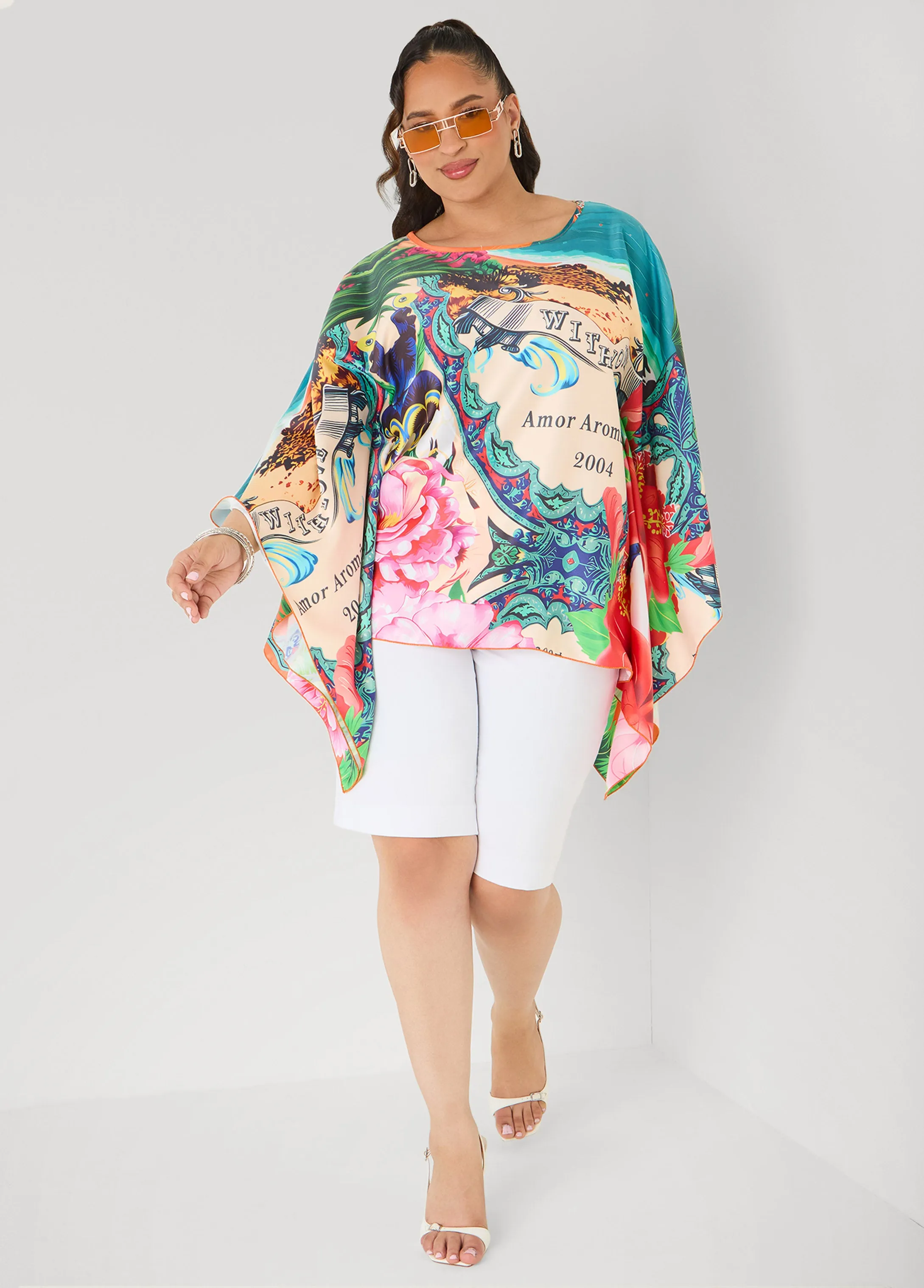 Postcard Print Satin Tunic sold by Ashley Stewart product image thumbnail 5