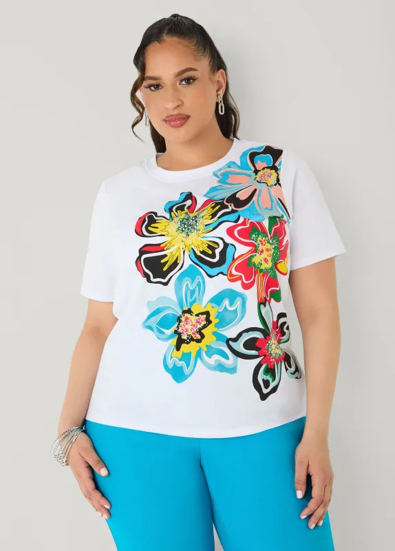 Glittered Floral Print Graphic Tee made by Ashley Stewart