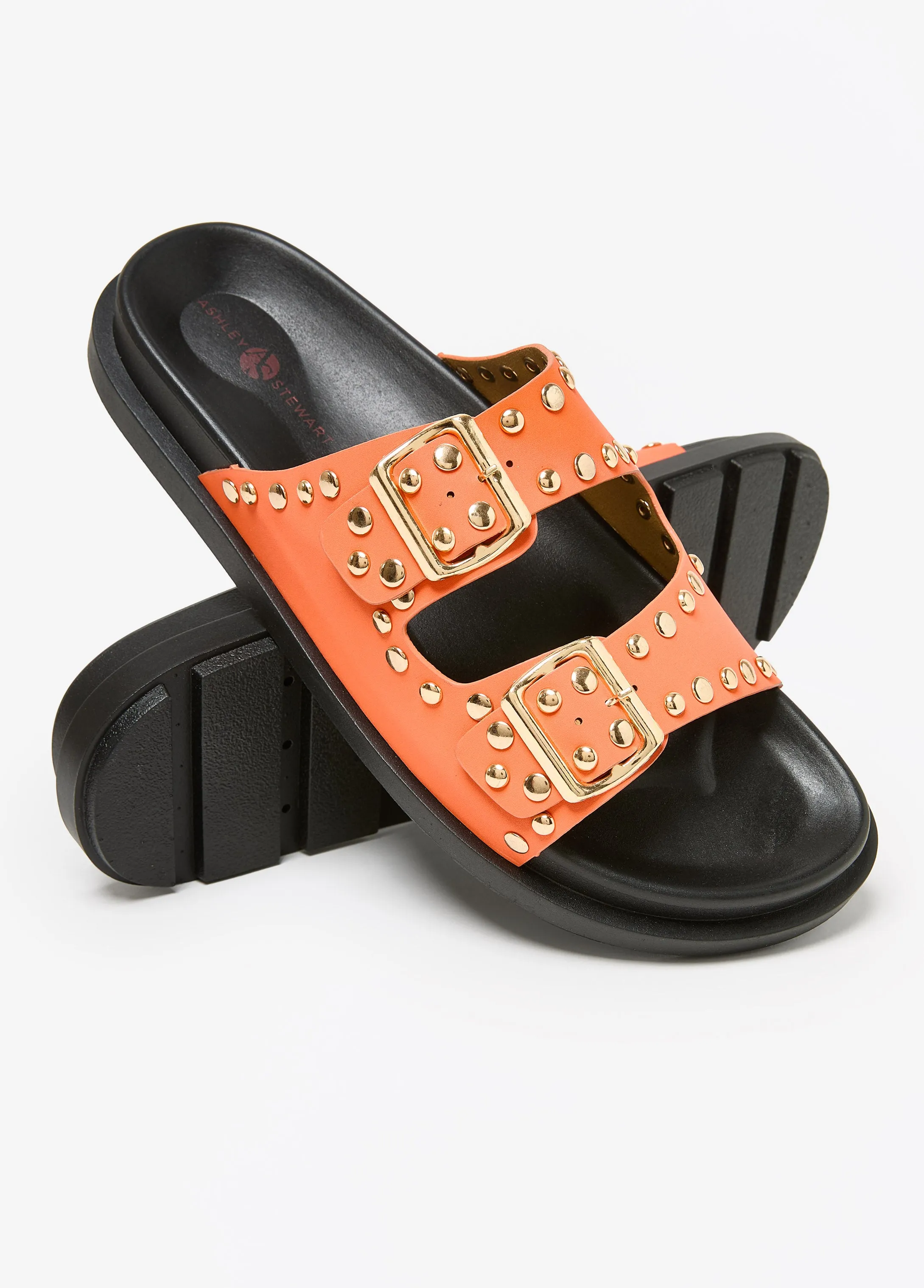 Studded Buckle Slide Sandals sold by Ashley Stewart