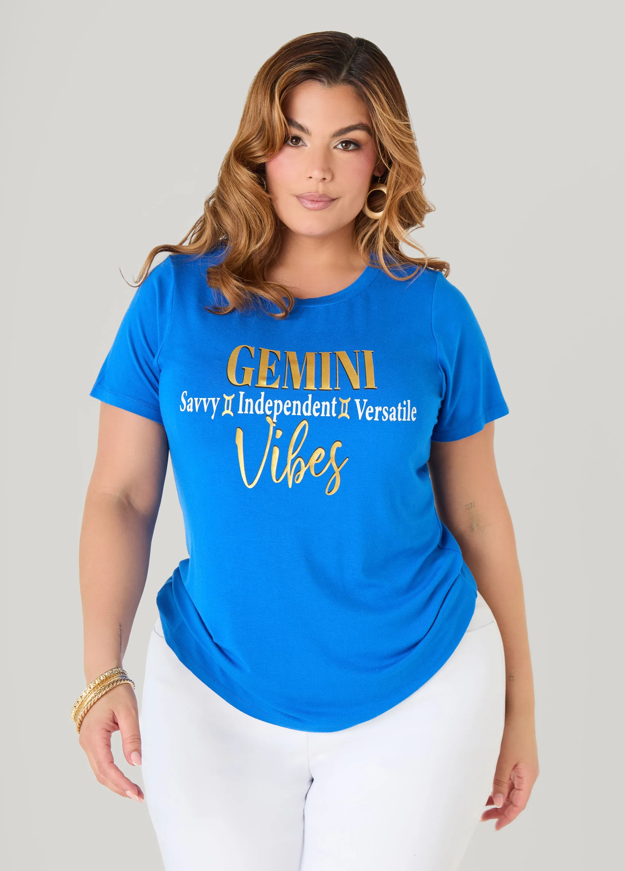 Gemini Vibes Metallic Graphic Tee sold by Ashley Stewart