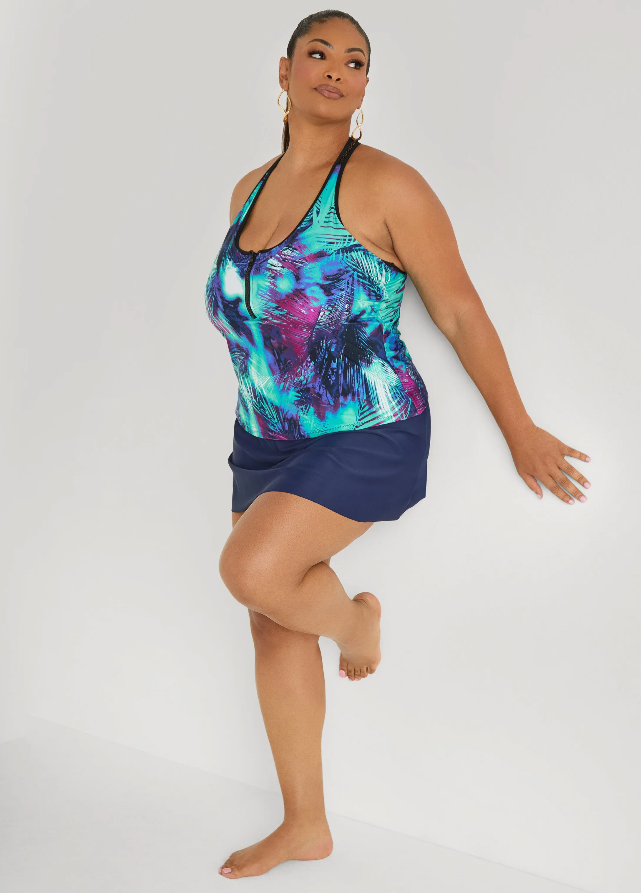 Zip Front Leaf Print Tankini Top sold by Ashley Stewart product image thumbnail 3