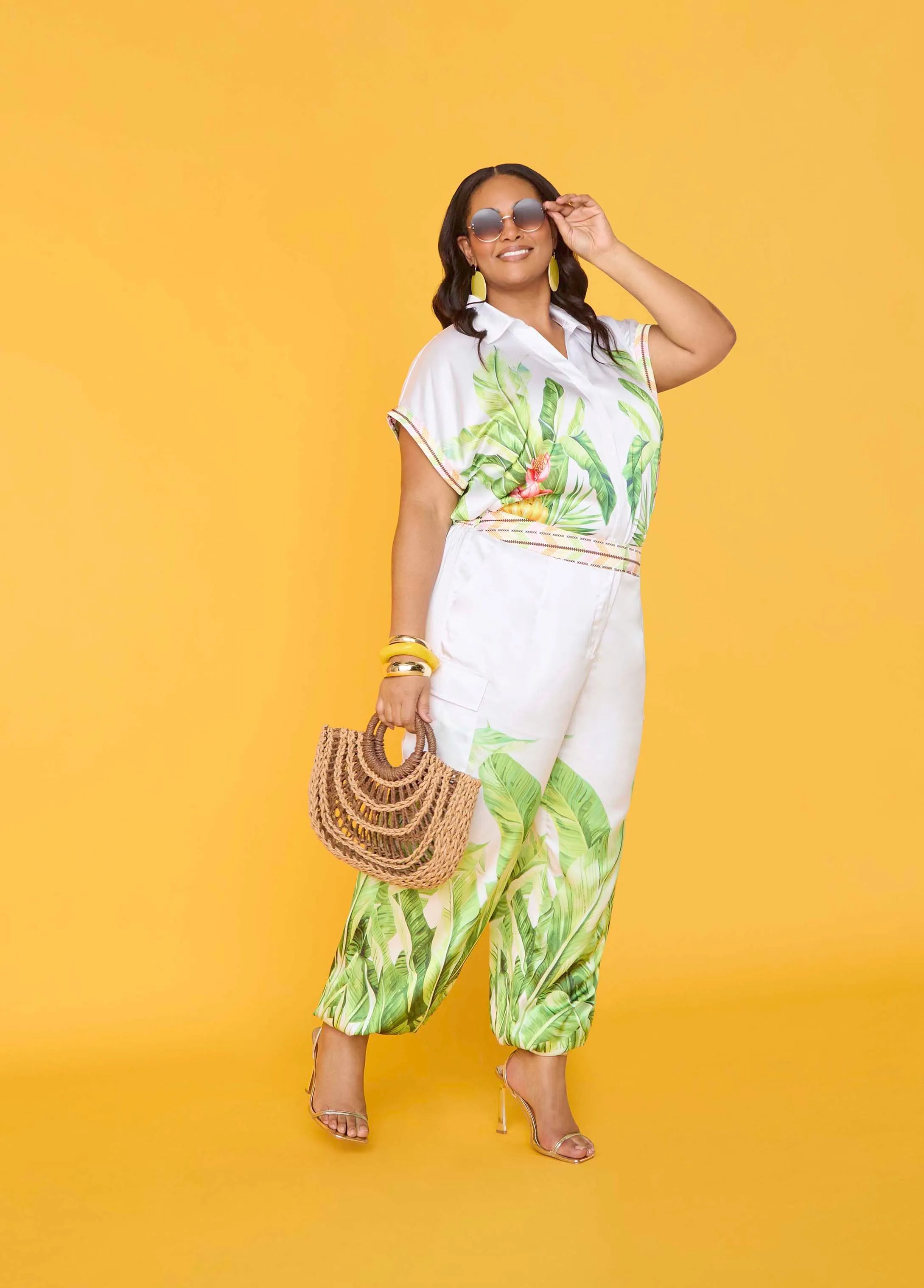 Palm Print Bubble Crop Top sold by Ashley Stewart product image thumbnail 3