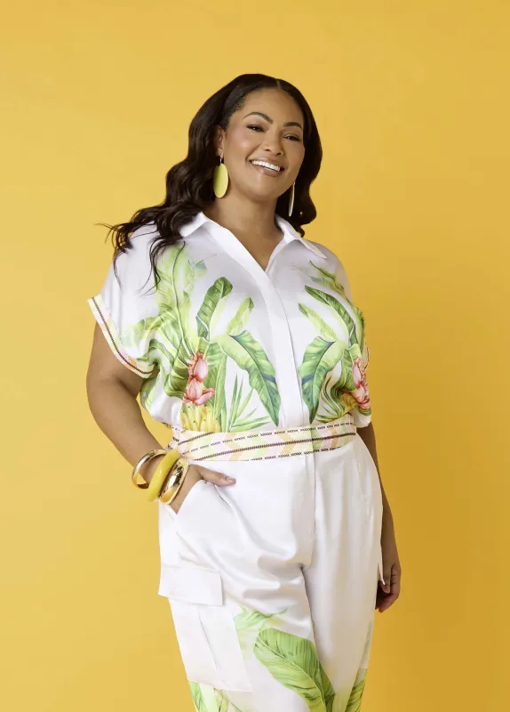 Palm Print Bubble Crop Top made by Ashley Stewart