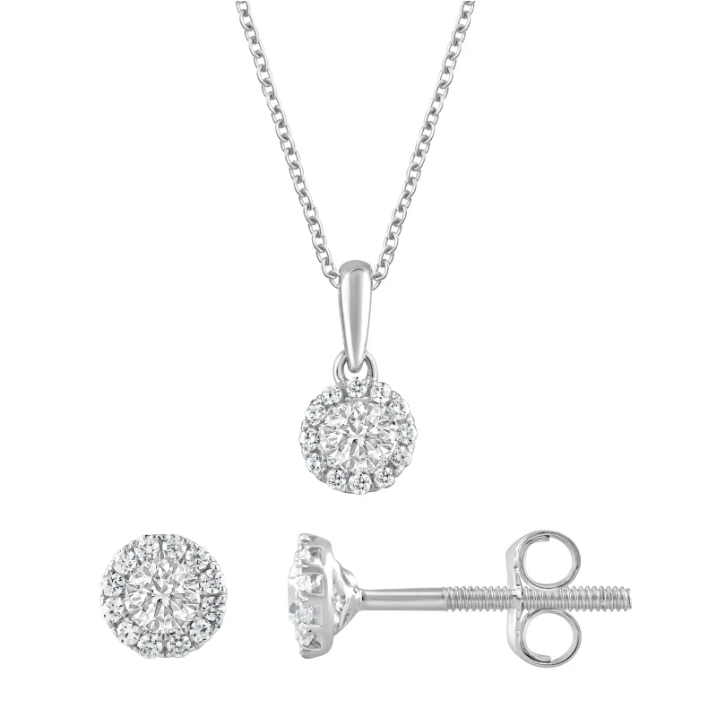 Lab Grown Sterling Silver Diamond Halo Necklace And Earrings Set made by Ashley Stewart