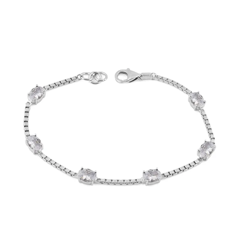 Birthstone Bracelet in Sterling Silver, Oval Cut 5*7mm, 7 Inches with an Extender, 12 Gemstone Options, Gift Box Included - April, White Zircon made by Ashley Stewart