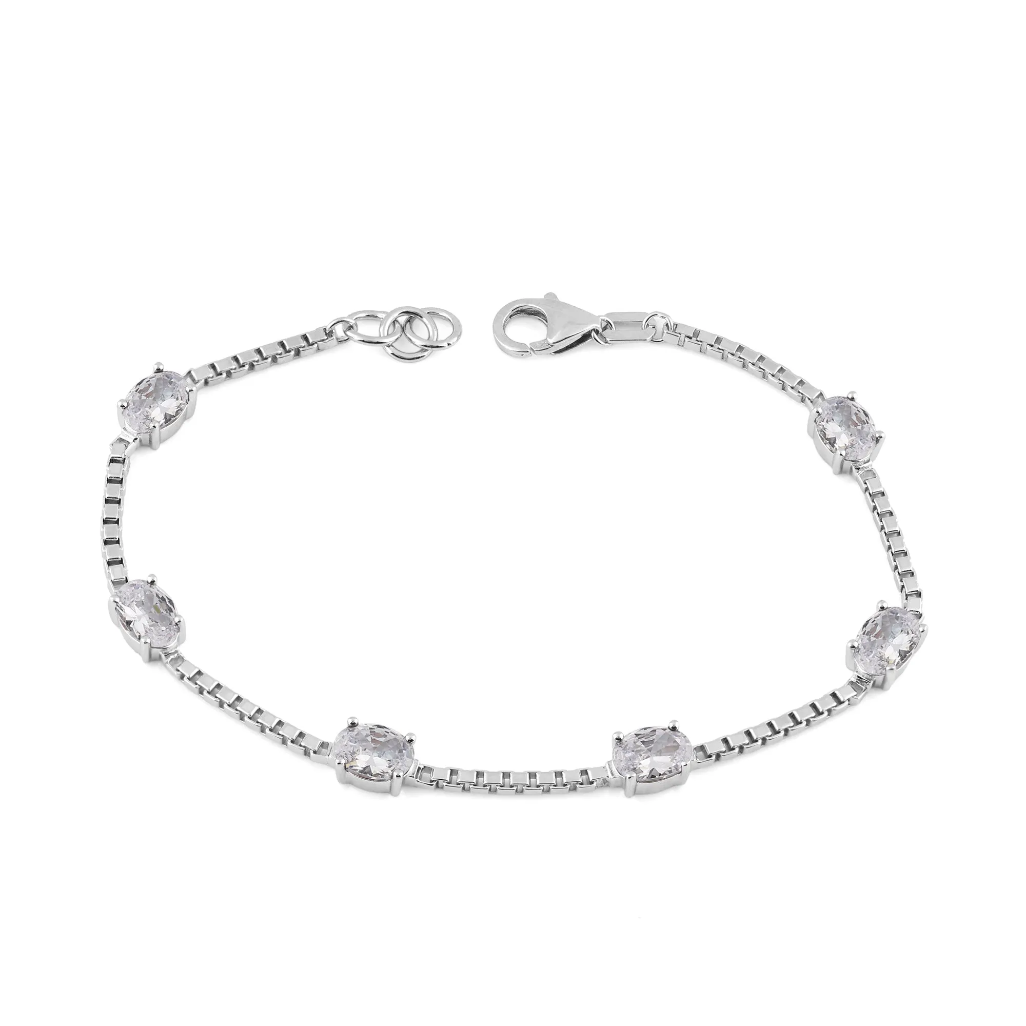 Birthstone Bracelet in Sterling Silver, Oval Cut 5*7mm, 7 Inches with an Extender, 12 Gemstone Options, Gift Box Included - April, White Zircon sold by Ashley Stewart