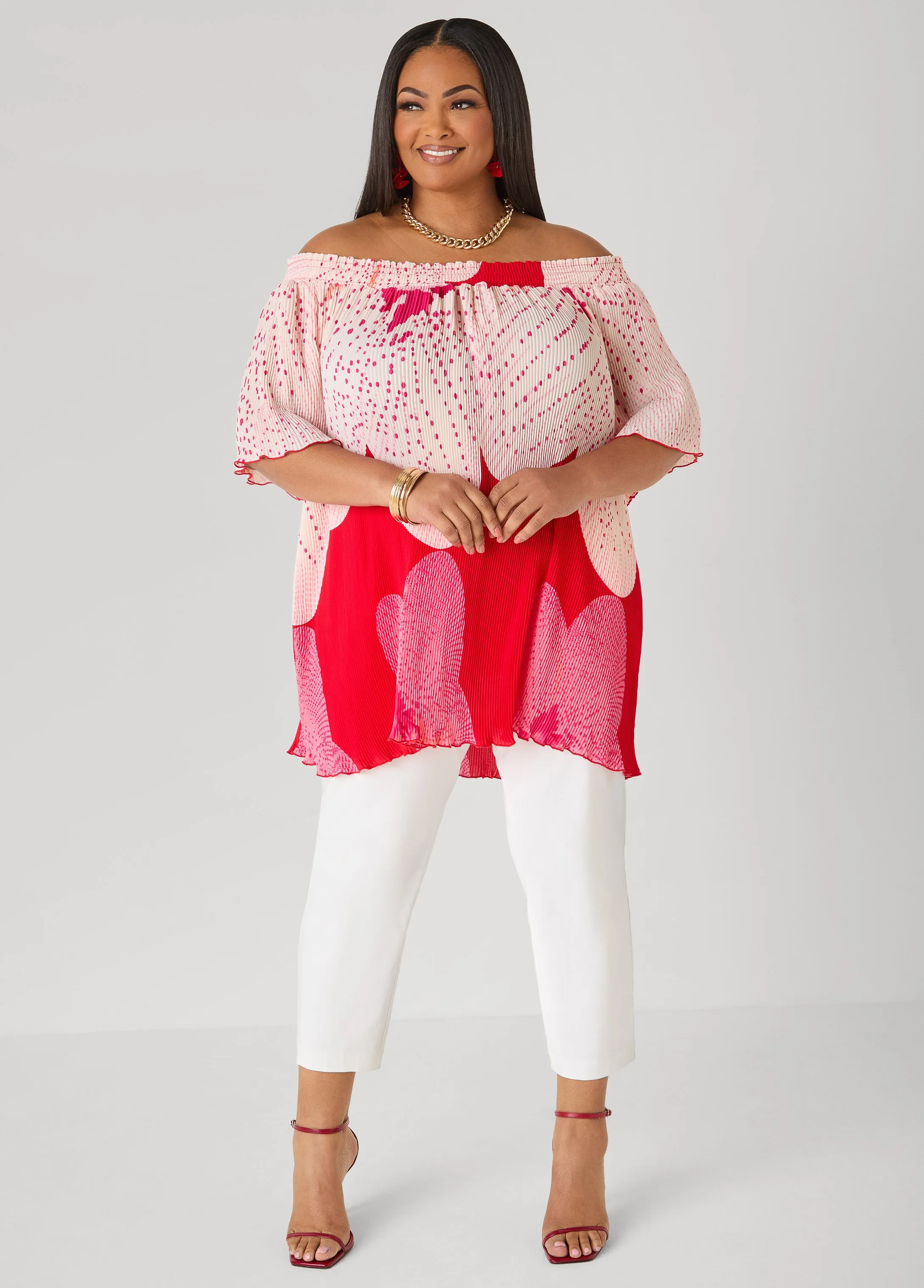 Off The Shoulder Floral Plisse Top sold by Ashley Stewart