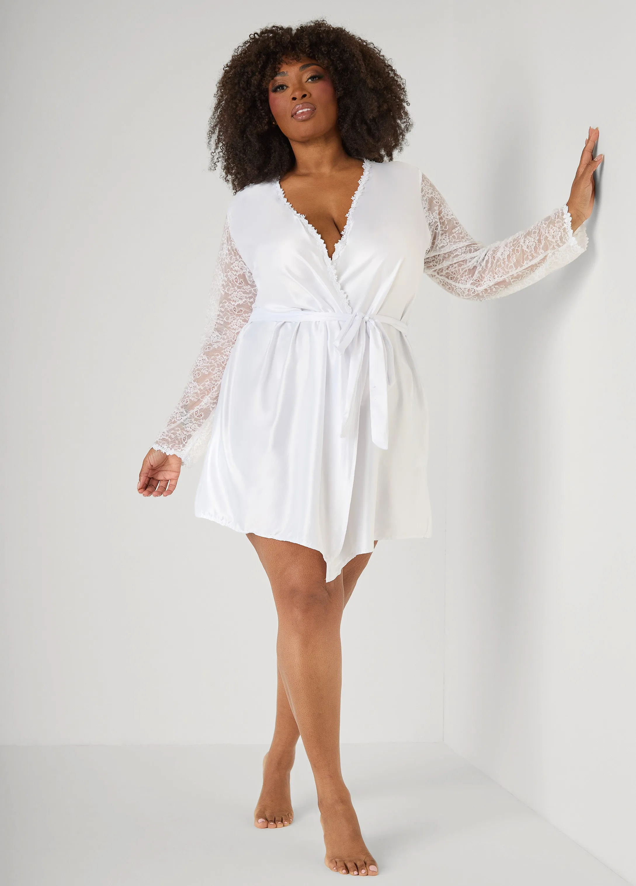 Lace Paneled Satin Robe sold by Ashley Stewart