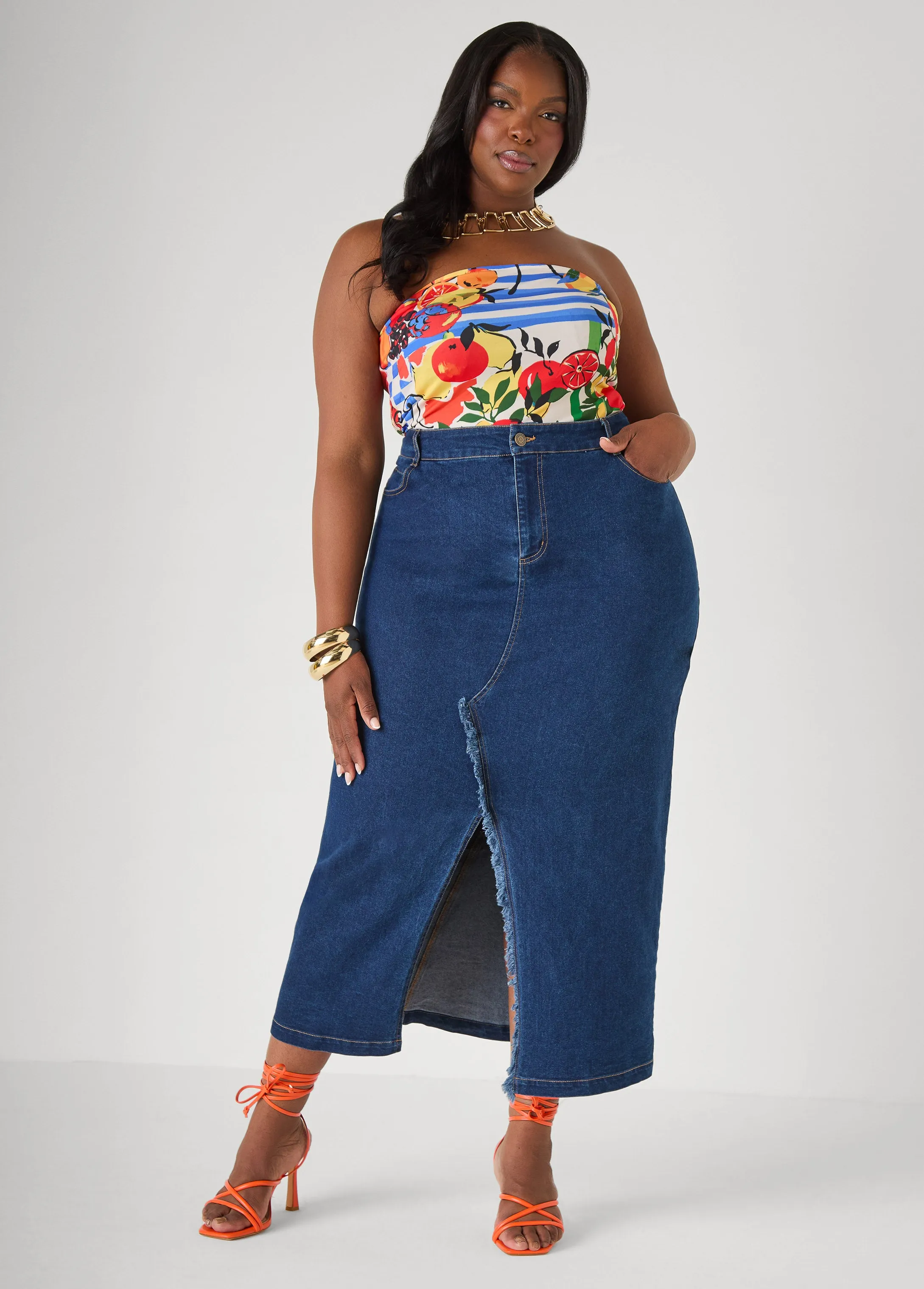 Frayed Denim Maxi Skirt sold by Ashley Stewart product image thumbnail 3