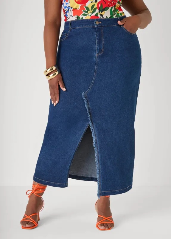 Frayed Denim Maxi Skirt made by Ashley Stewart