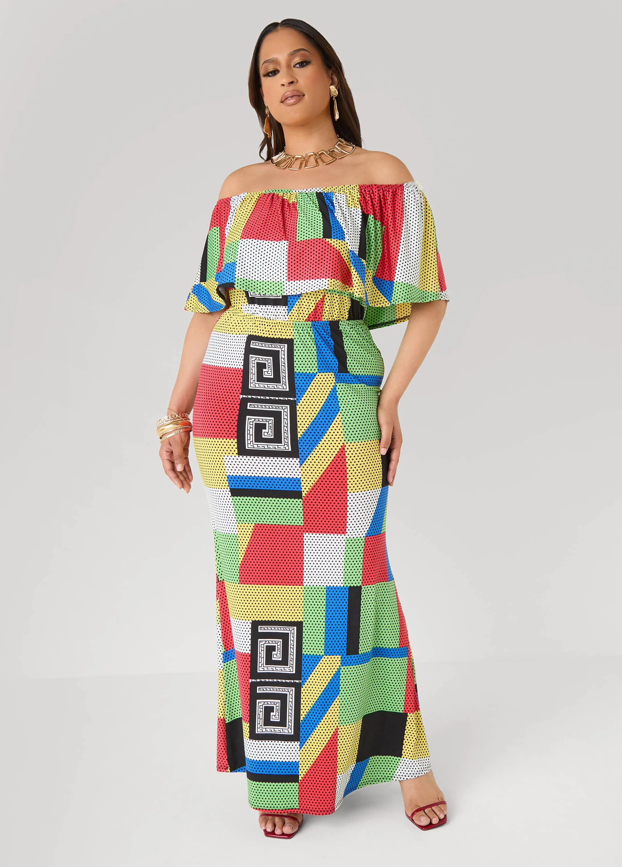 Off The Shoulder Geo Maxi Dress sold by Ashley Stewart