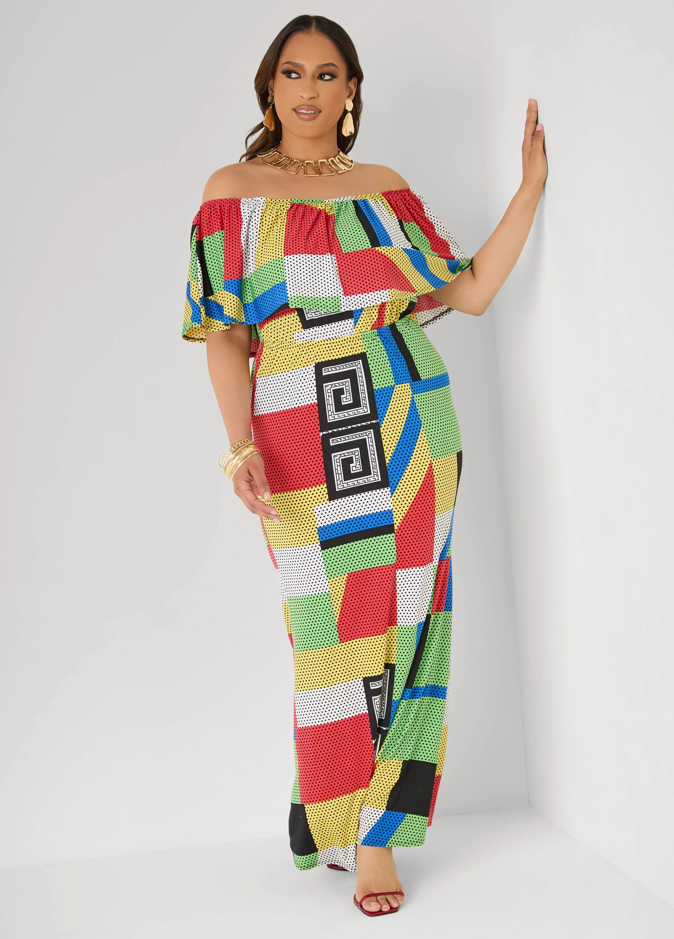 Off The Shoulder Geo Maxi Dress sold by Ashley Stewart product image thumbnail 3