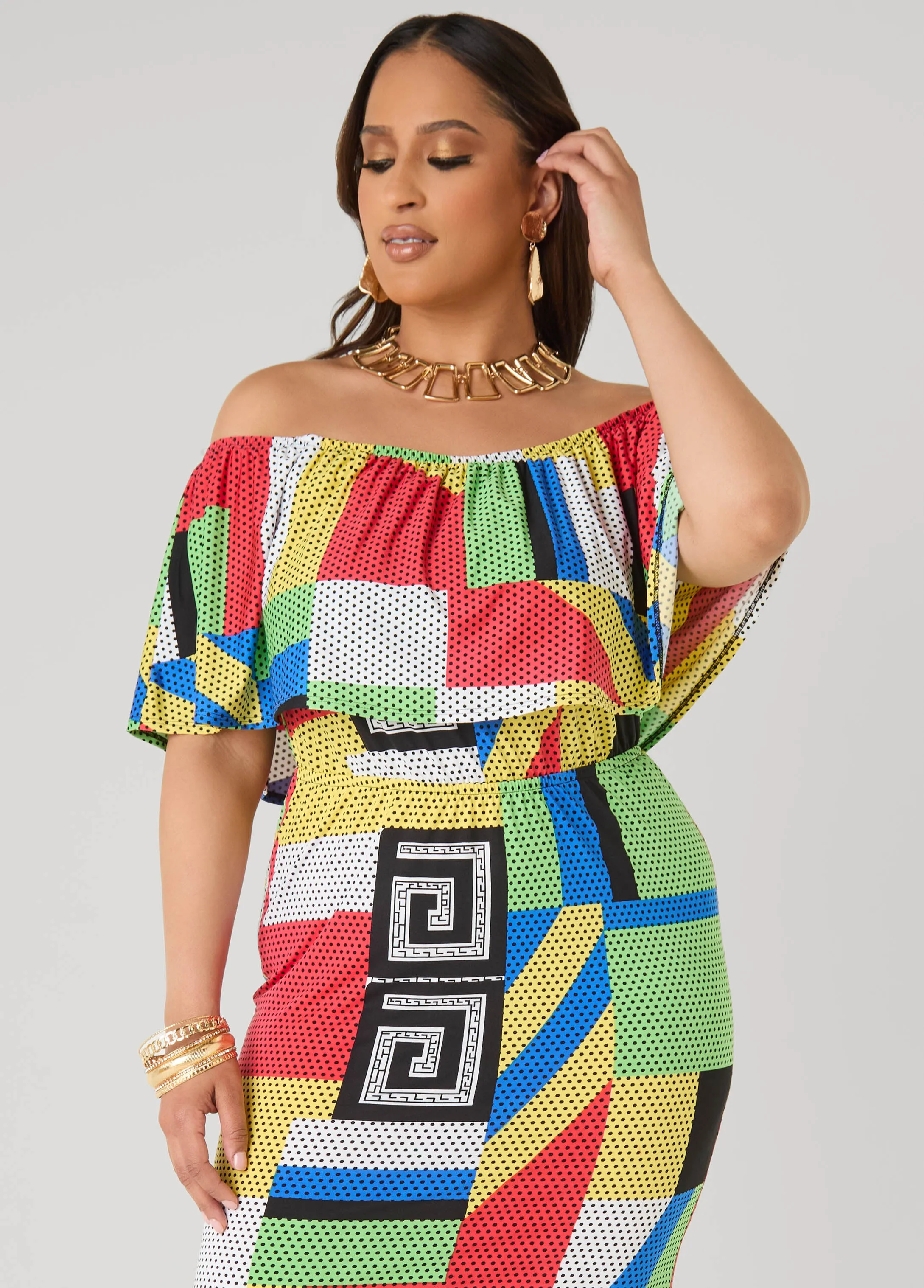 Off The Shoulder Geo Maxi Dress sold by Ashley Stewart product image thumbnail 4