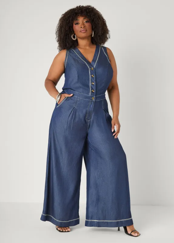 Tall Wide Leg Chambray Jumpsuit made by Ashley Stewart