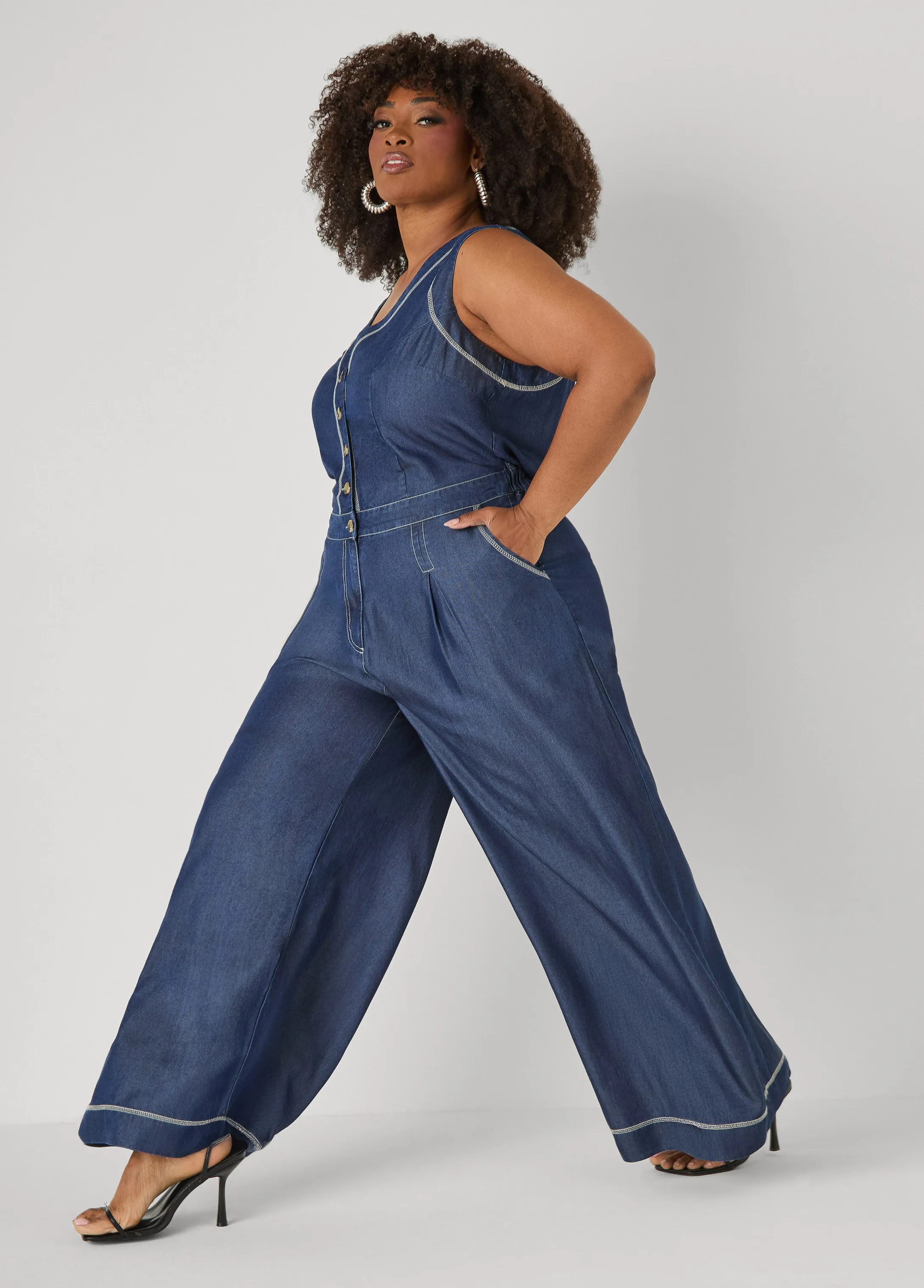 Tall Wide Leg Chambray Jumpsuit sold by Ashley Stewart product image thumbnail 3