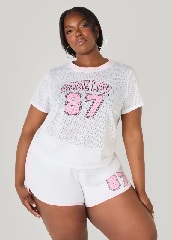 Graphic Print Mesh Shorts made by Ashley Stewart
