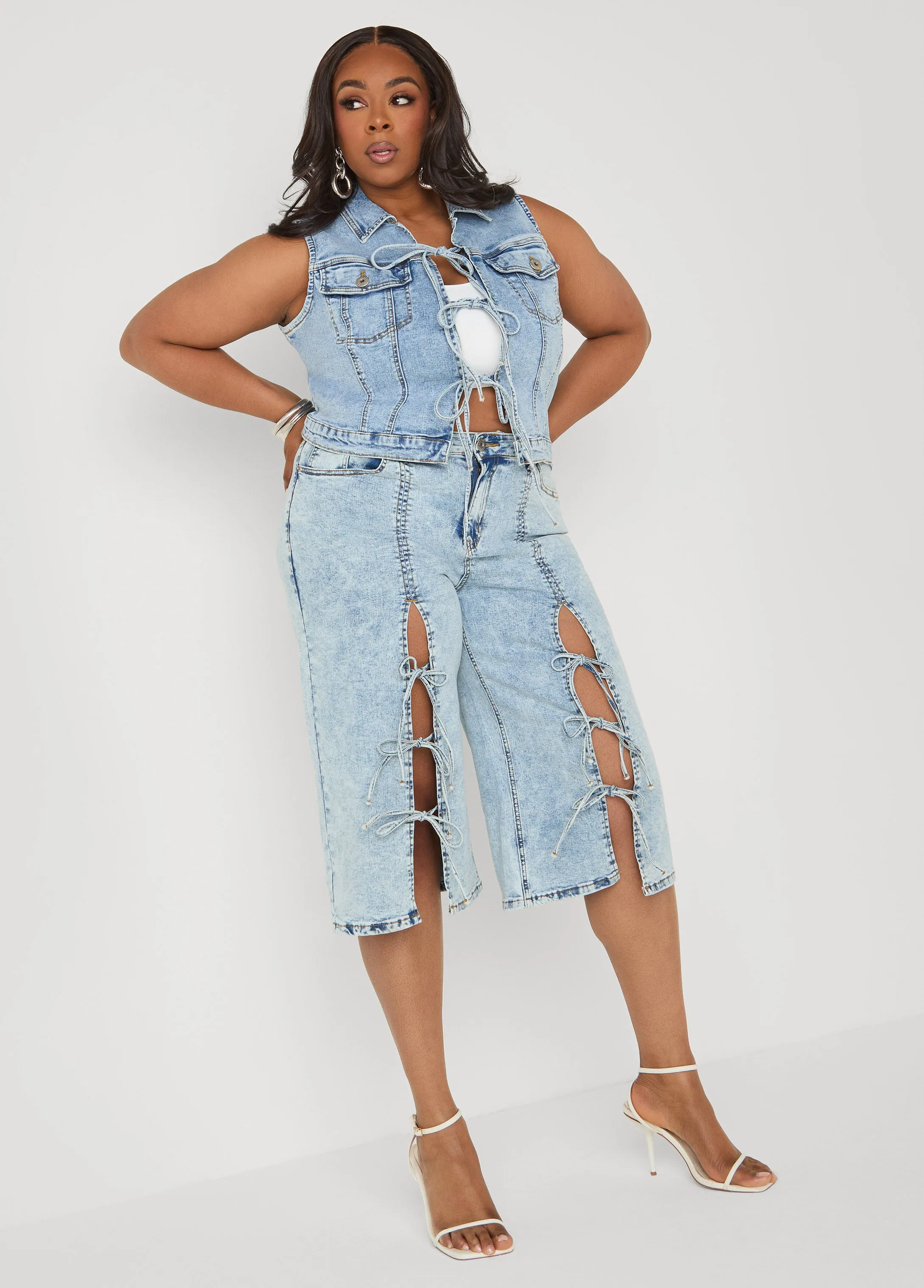 Tie Front Acid Wash Denim Vest sold by Ashley Stewart product image thumbnail 3