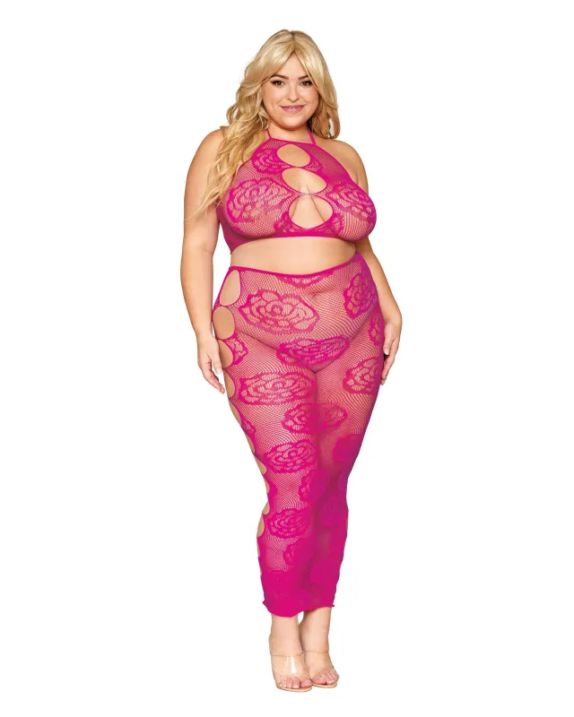 Dreamgirl Rose Fishnet Bralette And Skirt Set made by Dreamgirl
