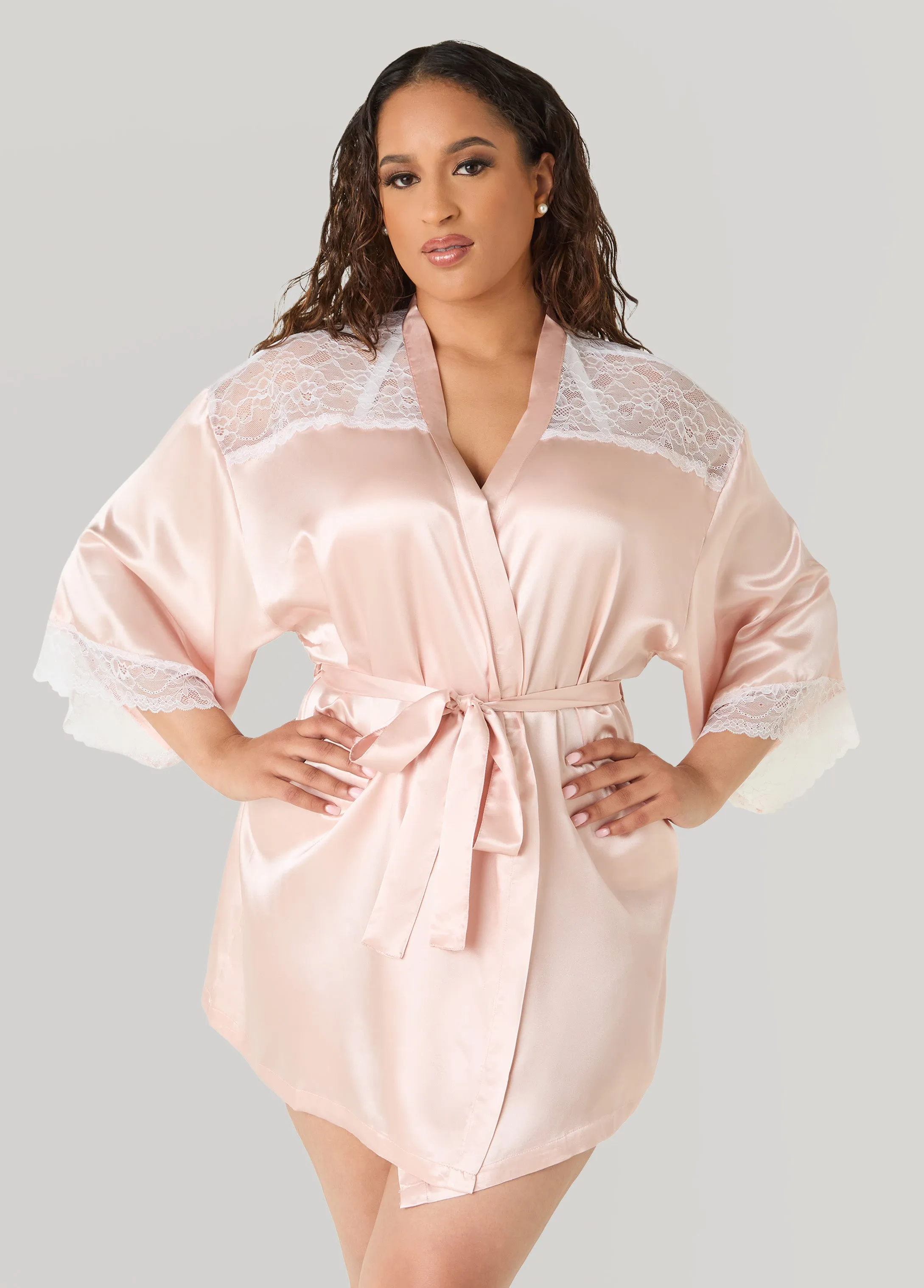 Two Tone Lace Paneled Satin Robe sold by Ashley Stewart